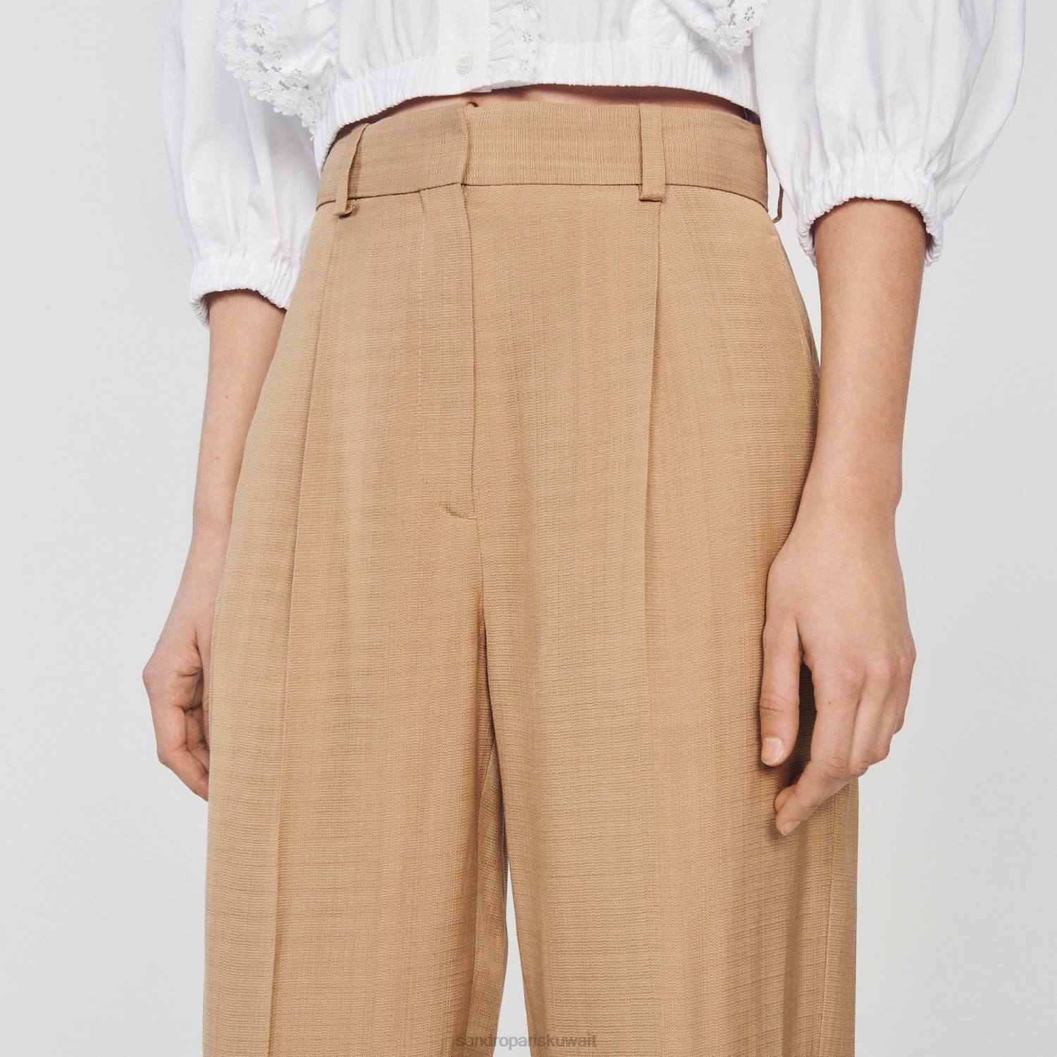 ثياب Sandro Paris السراويل واسعة الساق اللون البيج نحيف ZJ00304