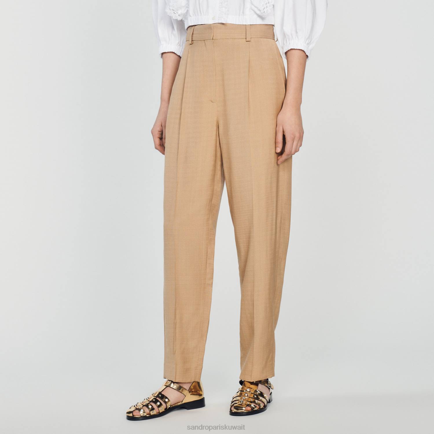 ثياب Sandro Paris السراويل واسعة الساق اللون البيج نحيف ZJ00304