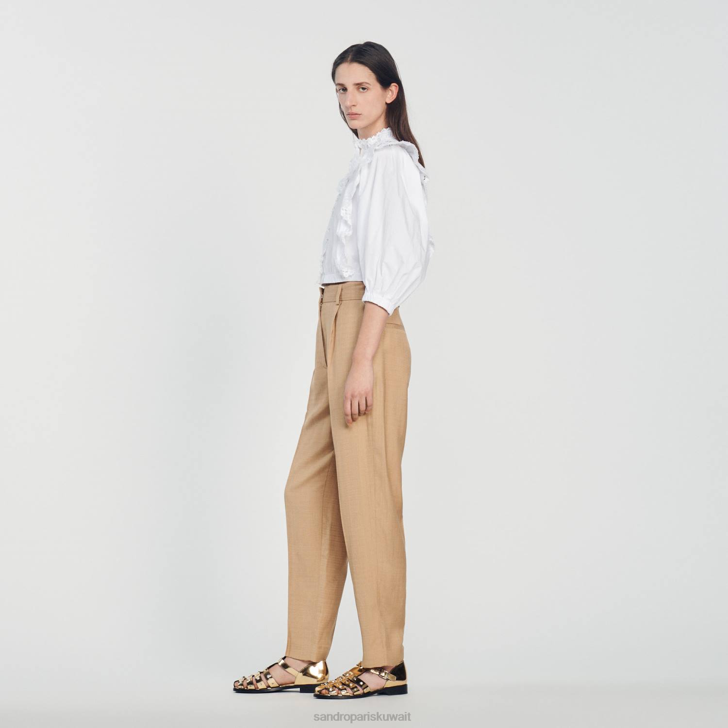 ثياب Sandro Paris السراويل واسعة الساق اللون البيج نحيف ZJ00304