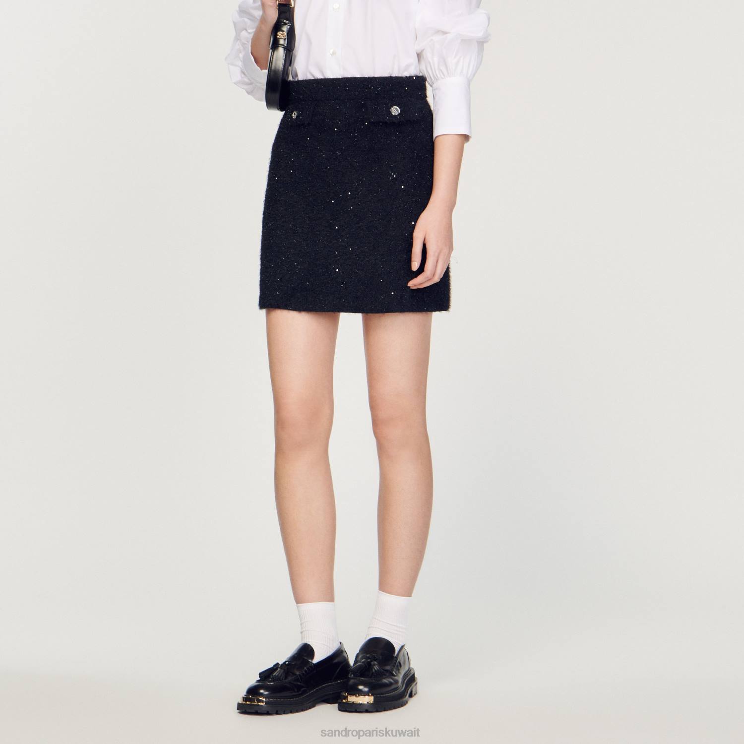 ثياب Sandro Paris تنورة تويد أسود نحيف ZJ00305