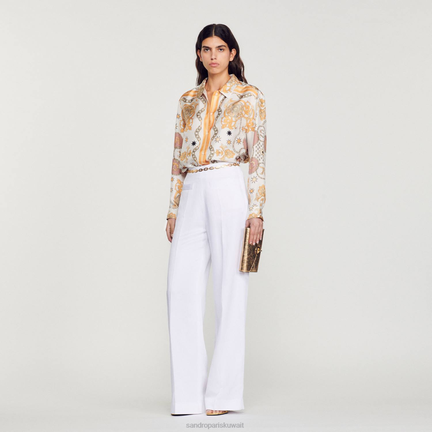 ثياب Sandro Paris قميص حرير بطبعة وشاح بيج فاتح نحيف ZJ00308