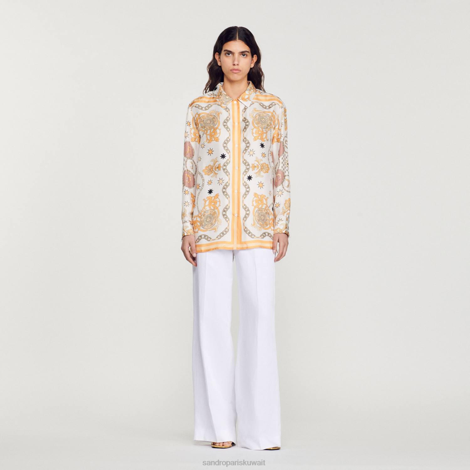 ثياب Sandro Paris قميص حرير بطبعة وشاح بيج فاتح نحيف ZJ00308