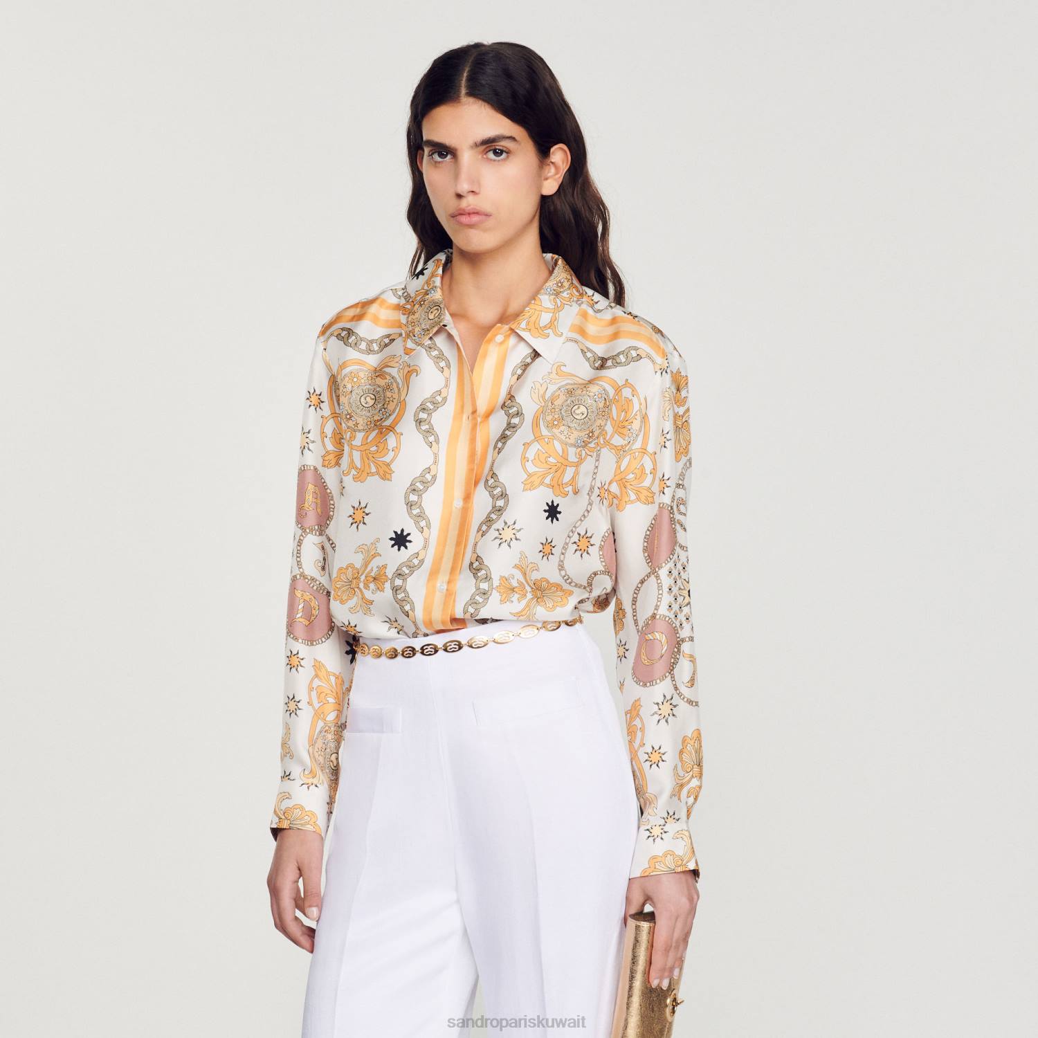 ثياب Sandro Paris قميص حرير بطبعة وشاح بيج فاتح نحيف ZJ00308