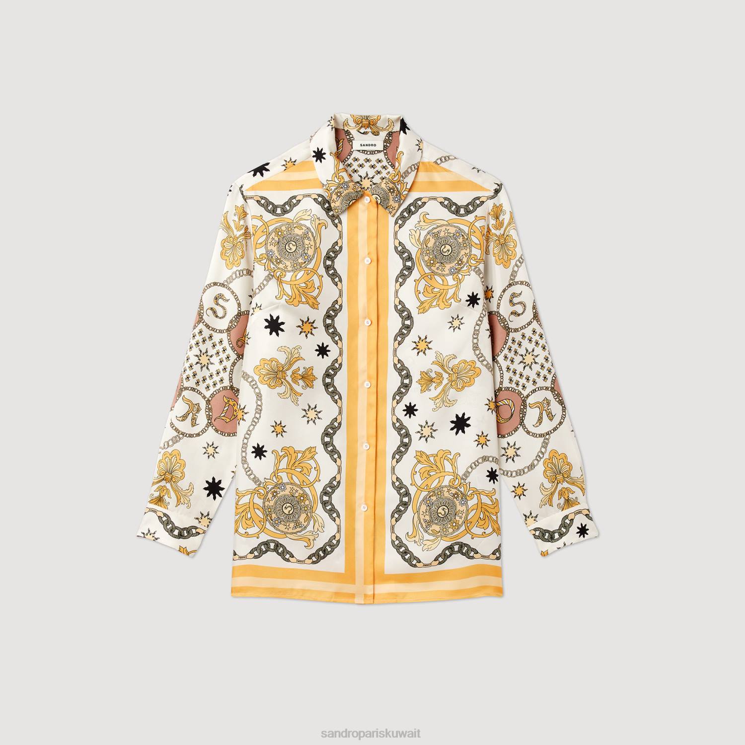 ثياب Sandro Paris قميص حرير بطبعة وشاح بيج فاتح نحيف ZJ00308