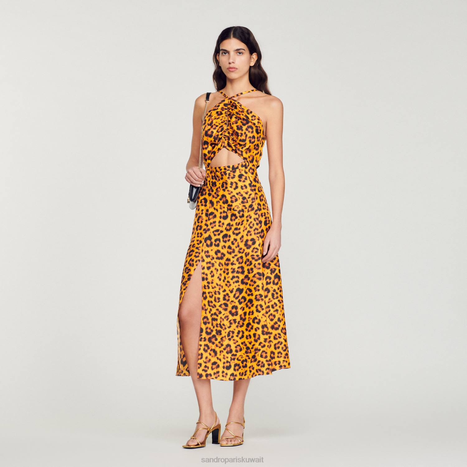 ثياب Sandro Paris فستان طويل بطبعة الفهد برتقالي/أسود نحيف ZJ00309
