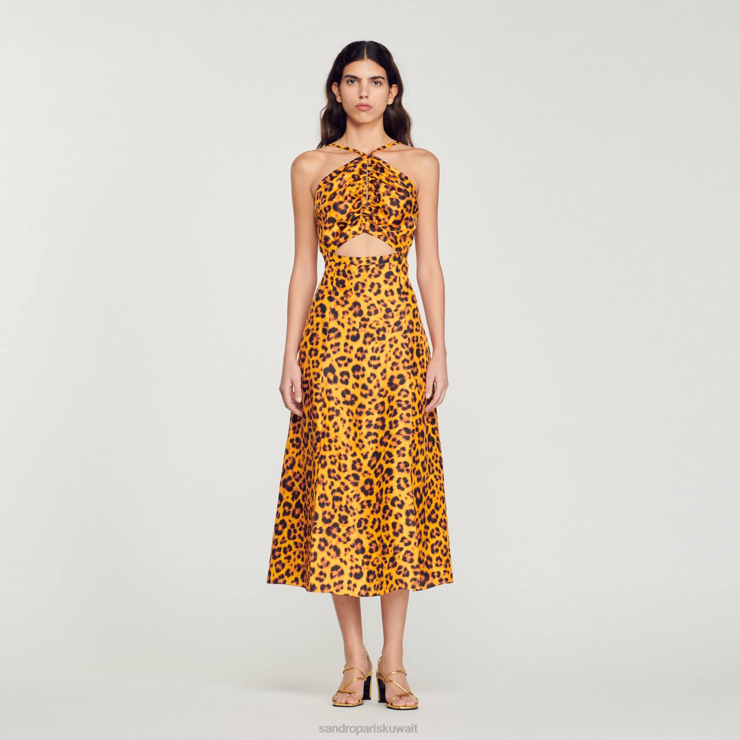 ثياب Sandro Paris فستان طويل بطبعة الفهد برتقالي/أسود نحيف ZJ00309