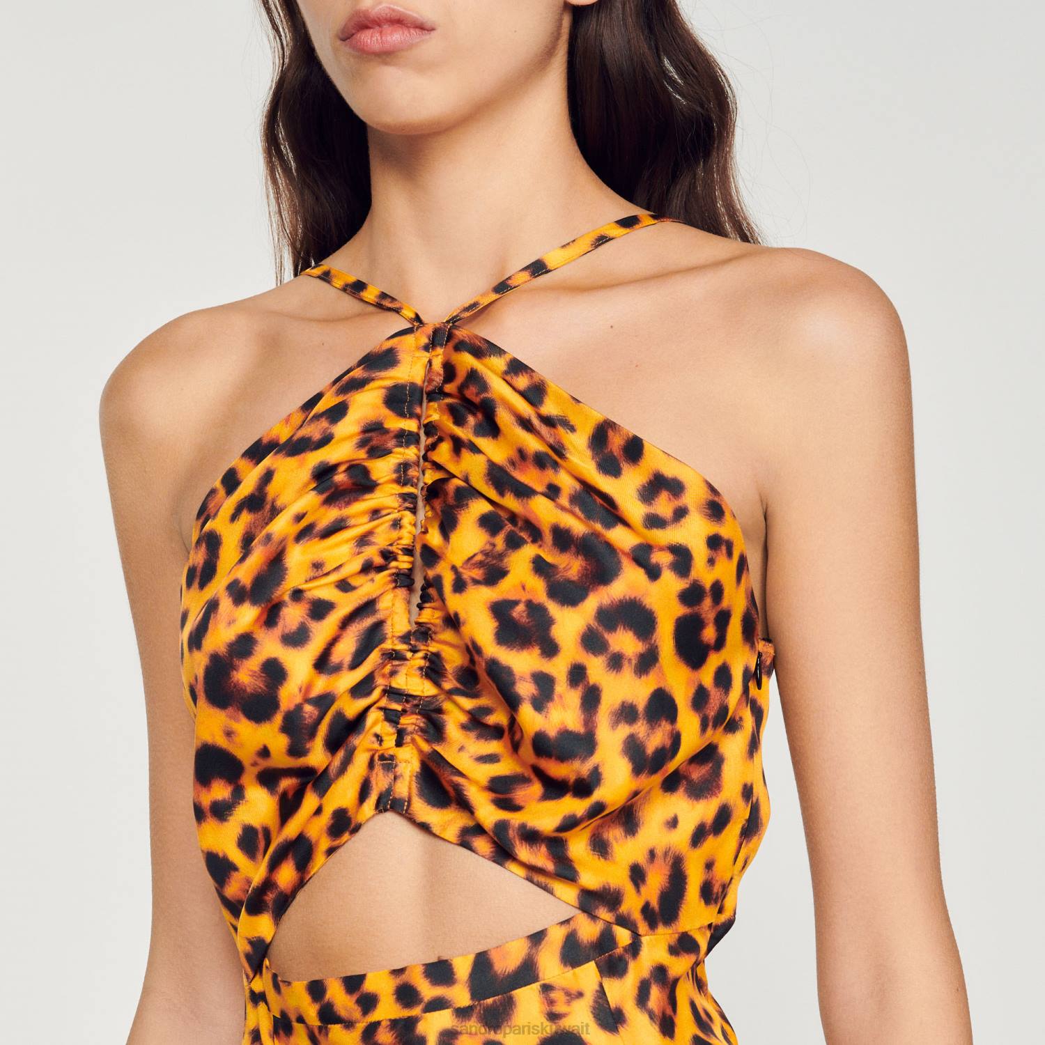 ثياب Sandro Paris فستان طويل بطبعة الفهد برتقالي/أسود نحيف ZJ00309