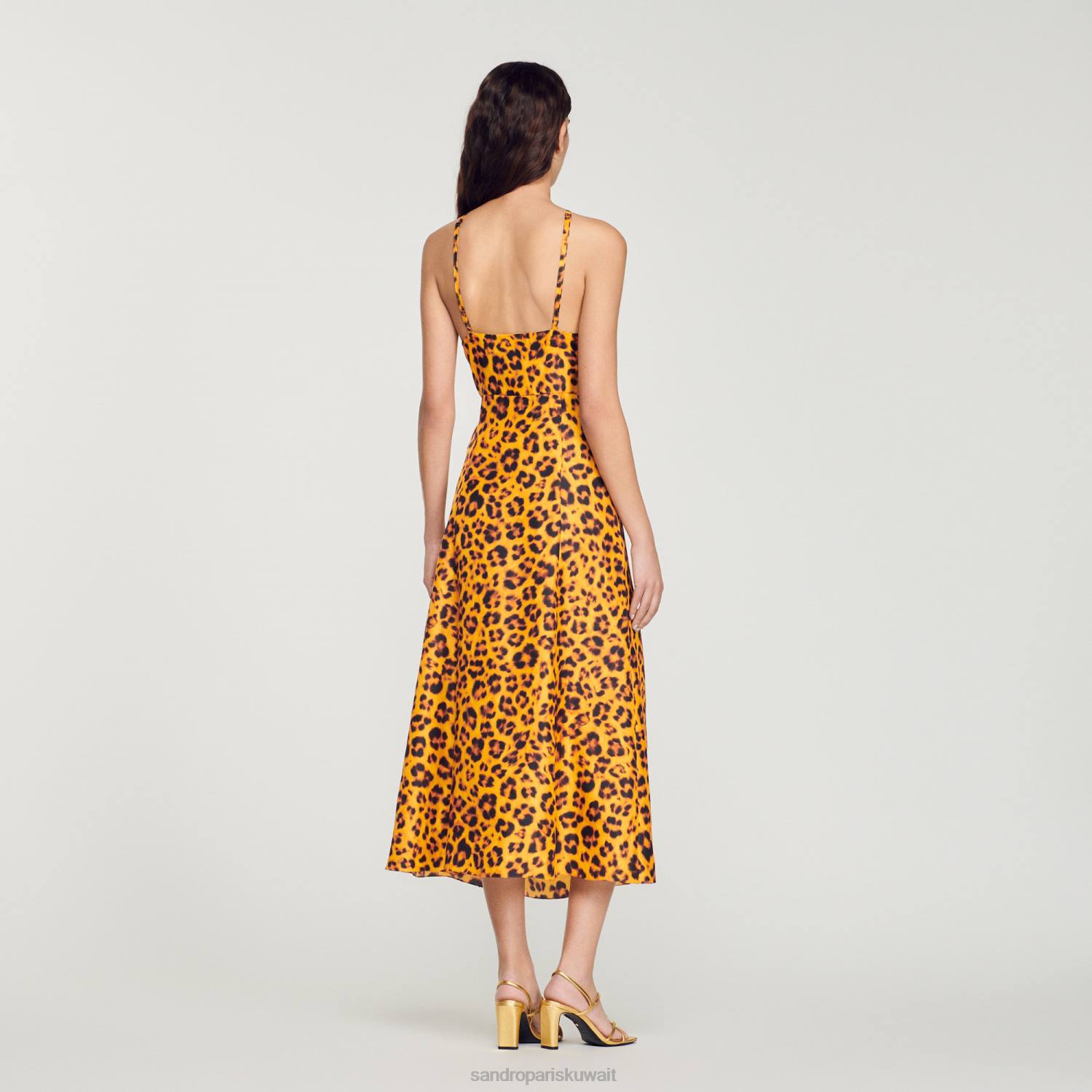 ثياب Sandro Paris فستان طويل بطبعة الفهد برتقالي/أسود نحيف ZJ00309