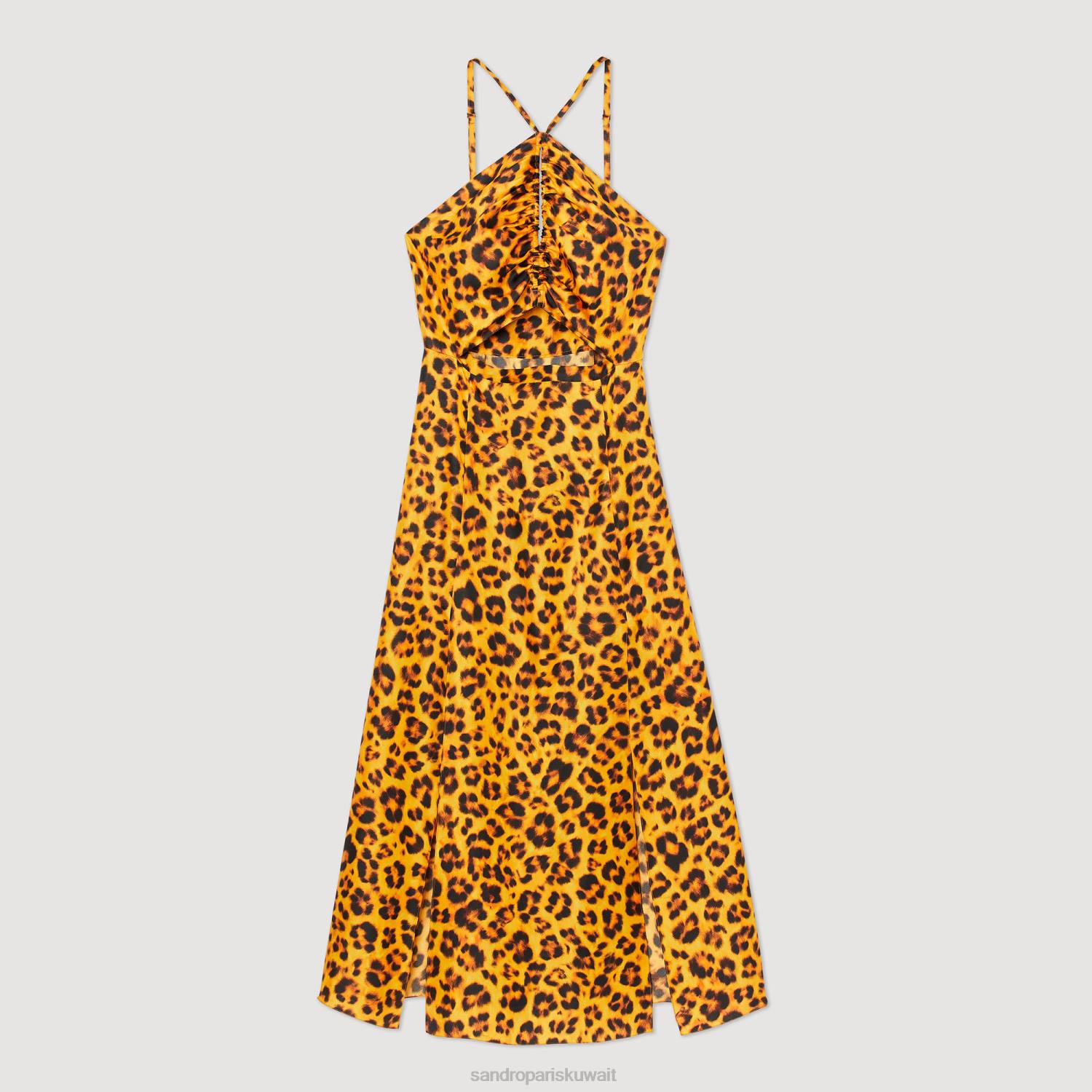 ثياب Sandro Paris فستان طويل بطبعة الفهد برتقالي/أسود نحيف ZJ00309