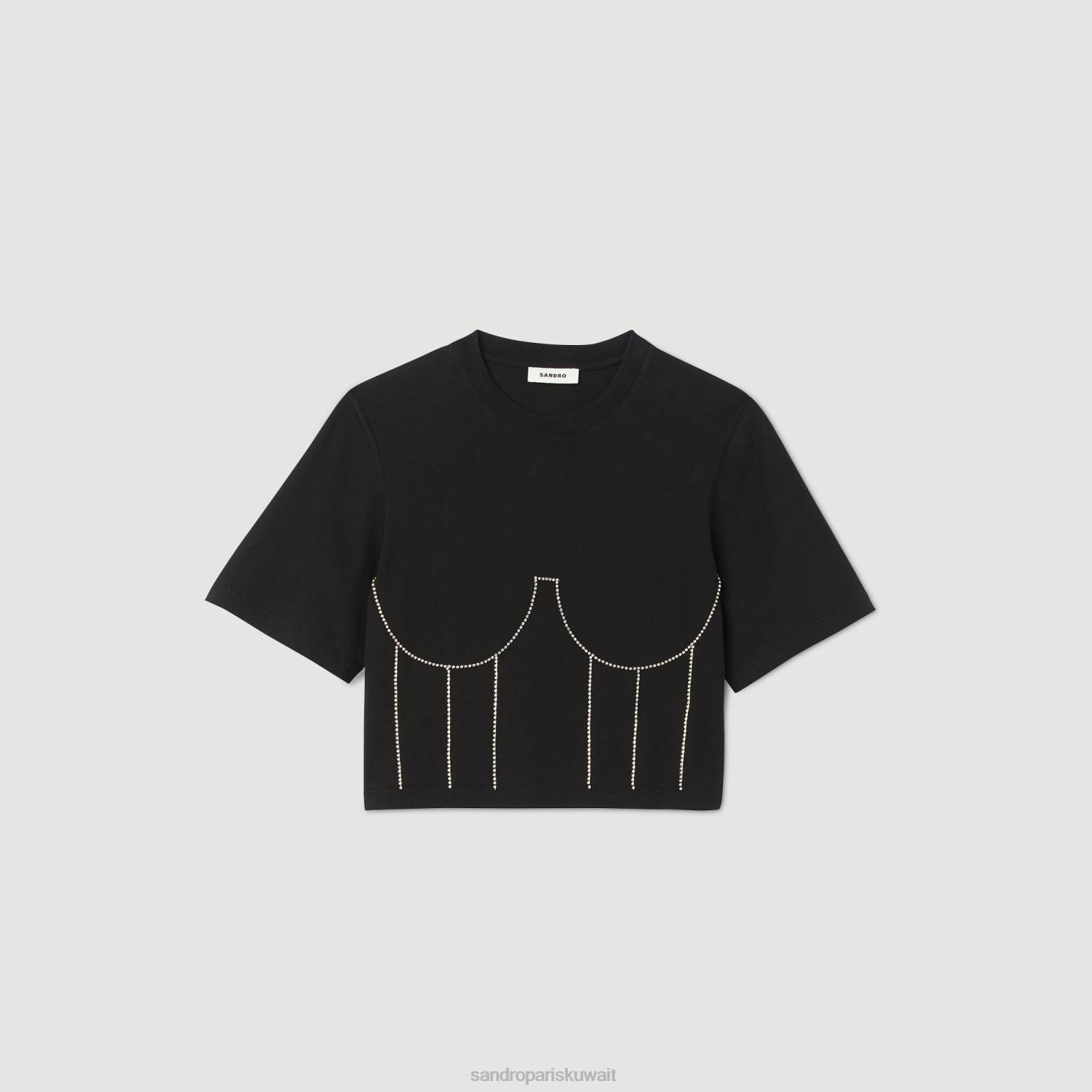 ثياب Sandro Paris تي شيرت بتصميم تمثال نصفي من حجر الراين أسود نحيف ZJ0030