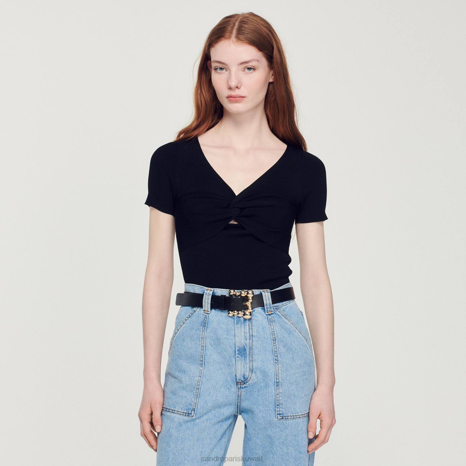 ثياب Sandro Paris سترة مقصوصة مربوطة أسود نحيف ZJ00313