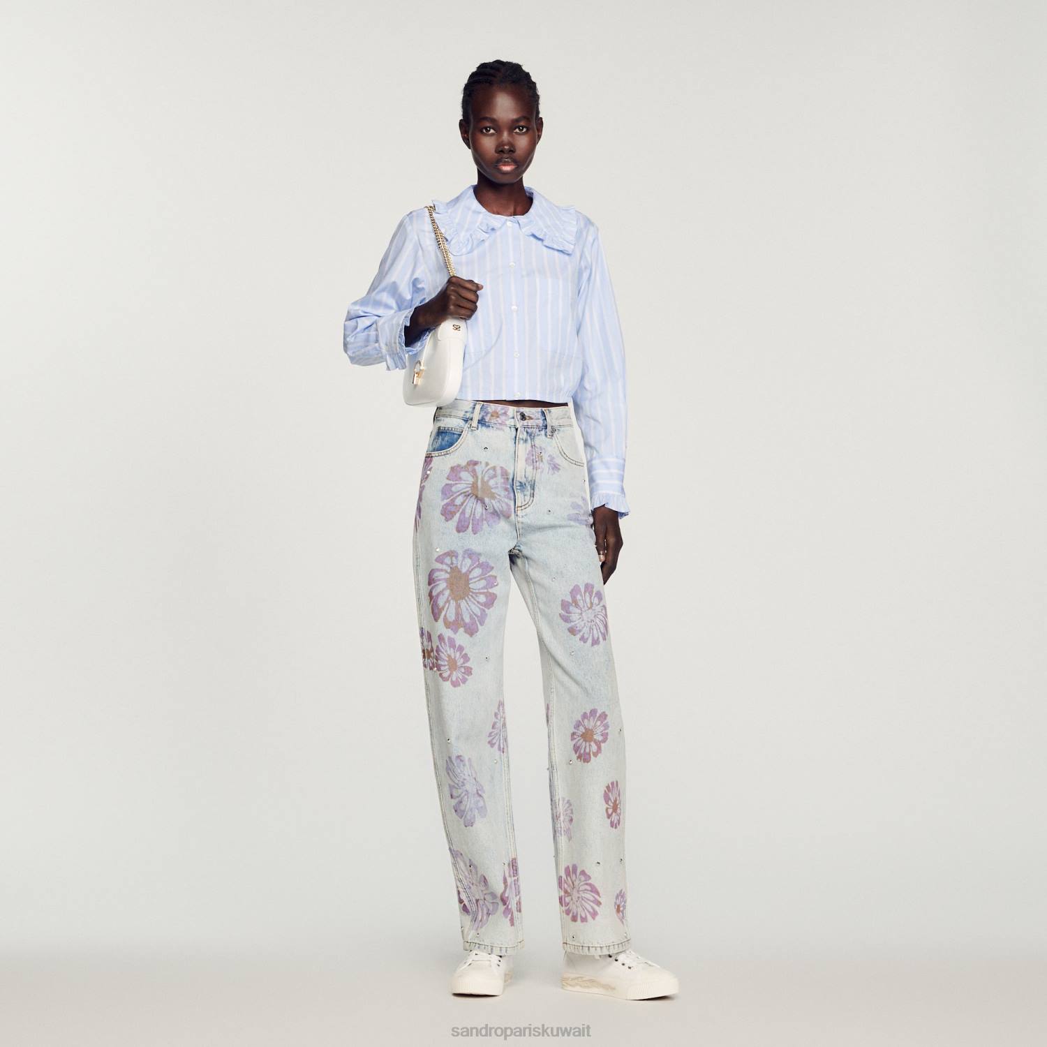 ثياب Sandro Paris قميص قصير بياقة كبيرة ابيض ازرق نحيف ZJ00315