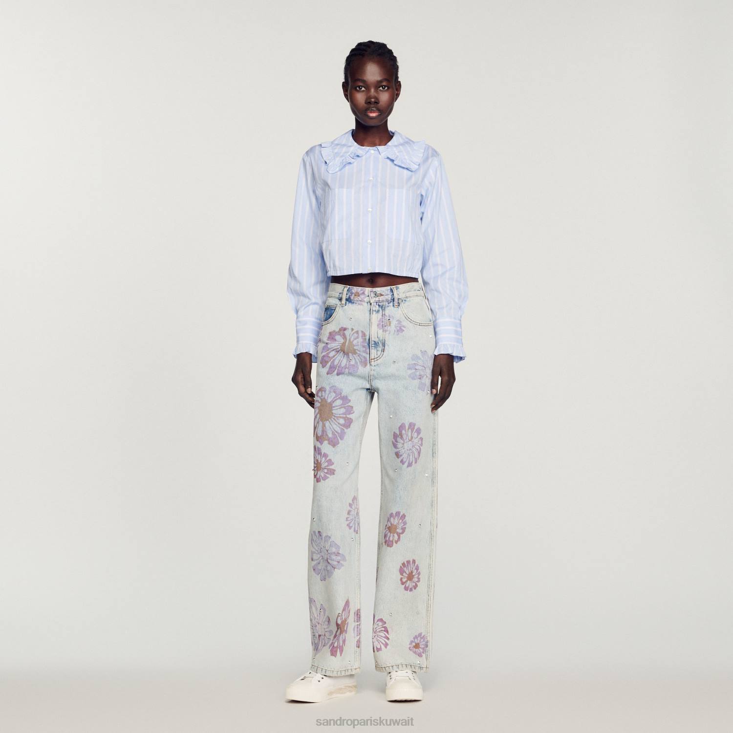 ثياب Sandro Paris قميص قصير بياقة كبيرة ابيض ازرق نحيف ZJ00315