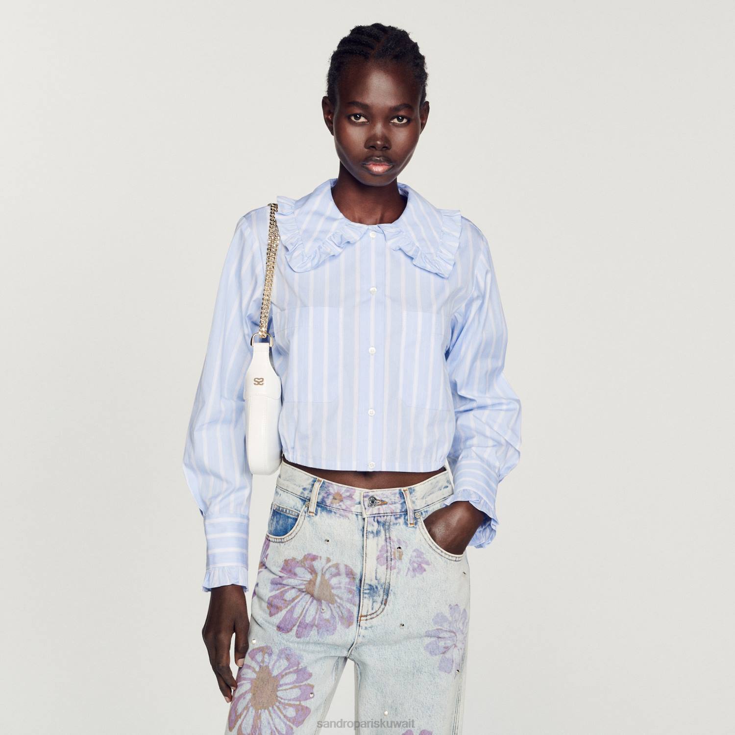 ثياب Sandro Paris قميص قصير بياقة كبيرة ابيض ازرق نحيف ZJ00315