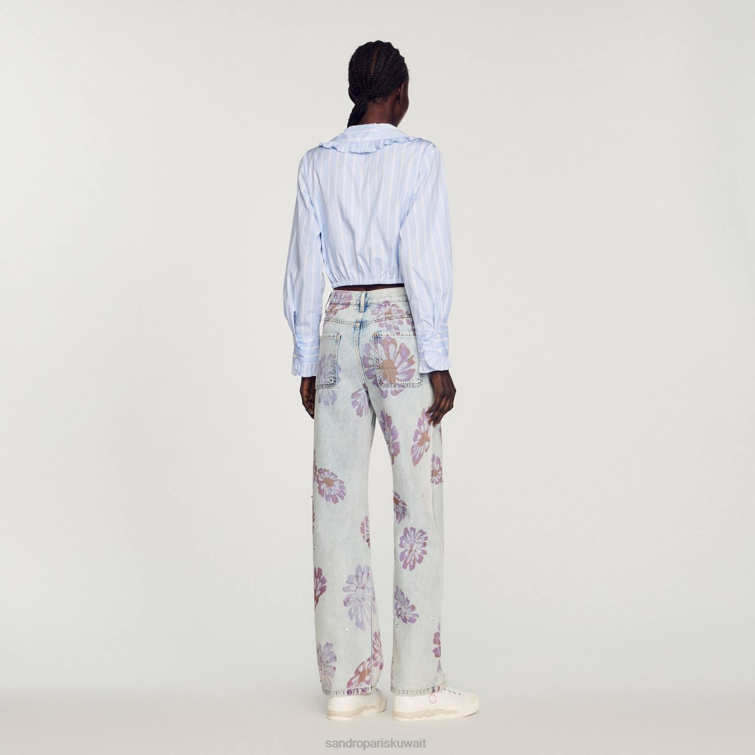 ثياب Sandro Paris قميص قصير بياقة كبيرة ابيض ازرق نحيف ZJ00315