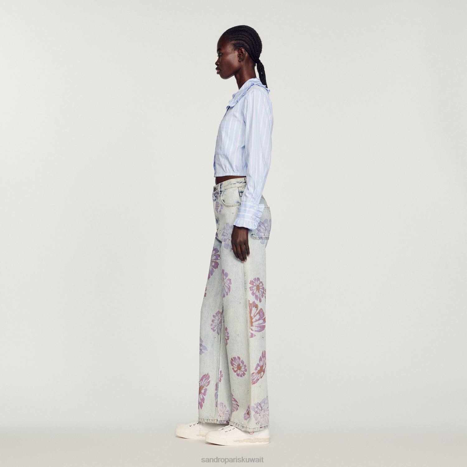 ثياب Sandro Paris قميص قصير بياقة كبيرة ابيض ازرق نحيف ZJ00315