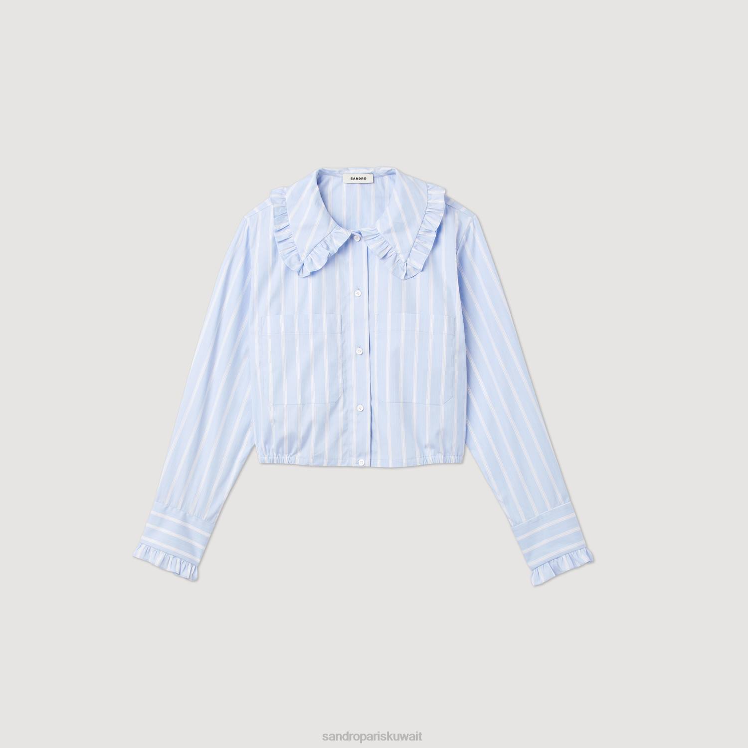 ثياب Sandro Paris قميص قصير بياقة كبيرة ابيض ازرق نحيف ZJ00315