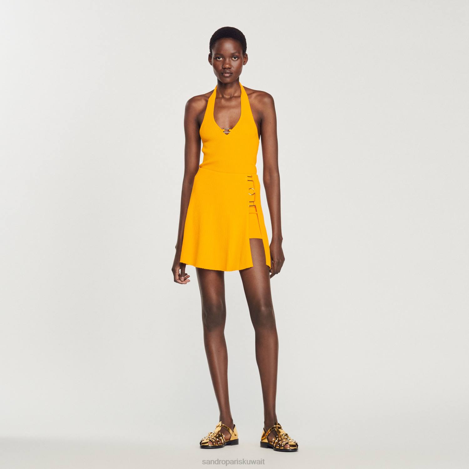 ثياب Sandro Paris تنورة قصيرة متماسكة مع تفاصيل حلقة البرتقالي نحيف ZJ00320