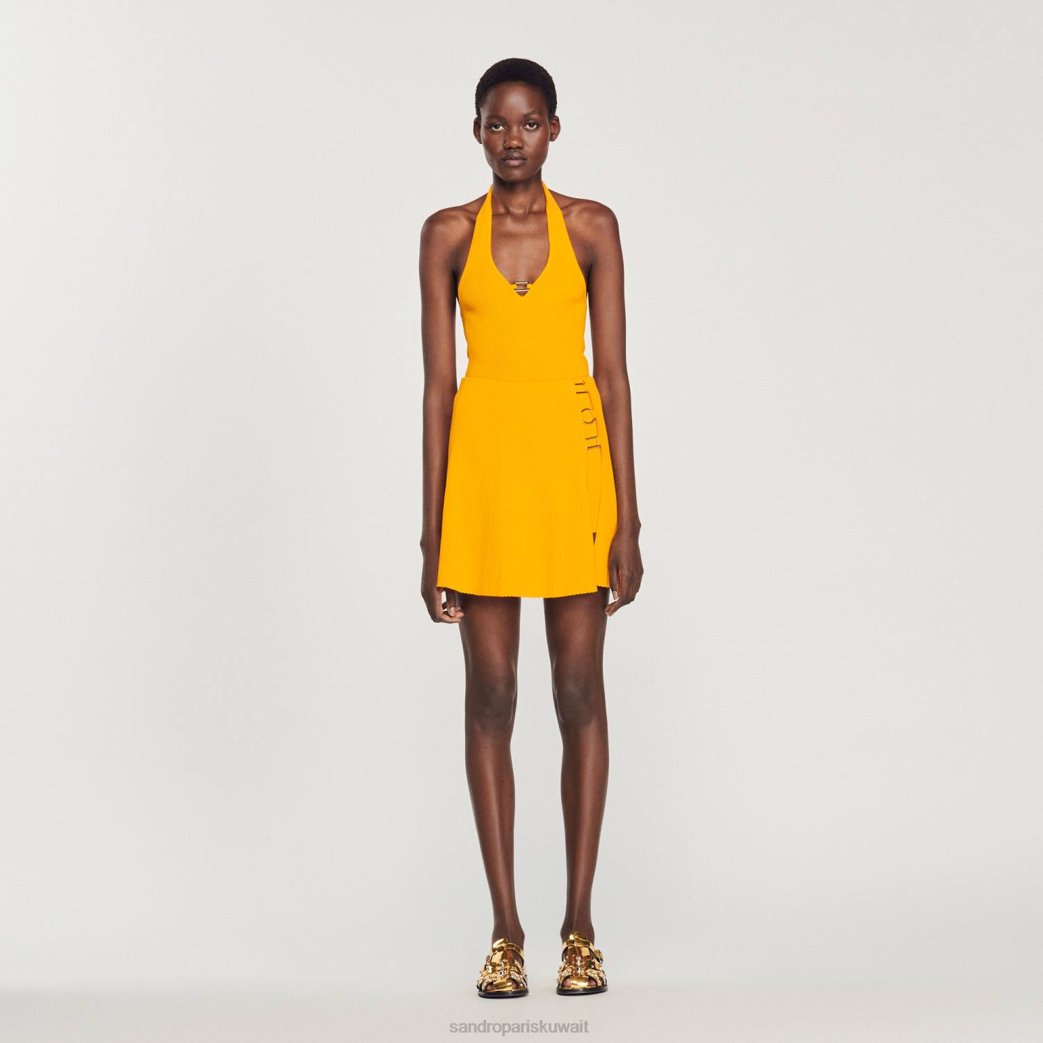 ثياب Sandro Paris تنورة قصيرة متماسكة مع تفاصيل حلقة البرتقالي نحيف ZJ00320