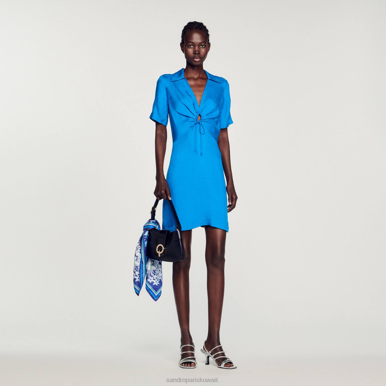 ثياب Sandro Paris فستان قصير مع العلاقات أزرق نحيف ZJ00328