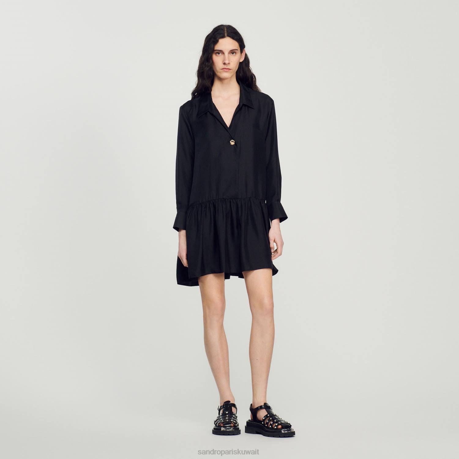 ثياب Sandro Paris فستان حرير قصير أسود نحيف ZJ00334