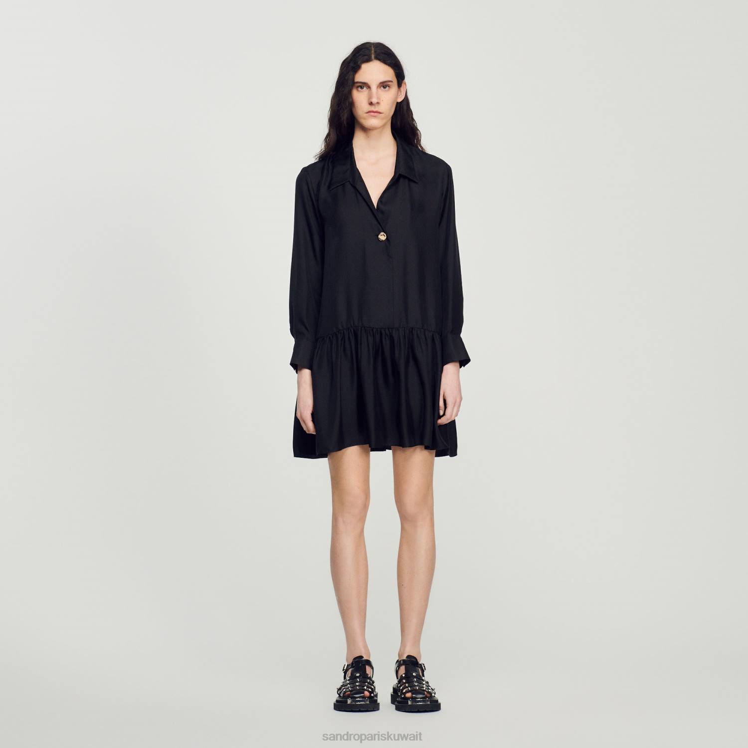 ثياب Sandro Paris فستان حرير قصير أسود نحيف ZJ00334