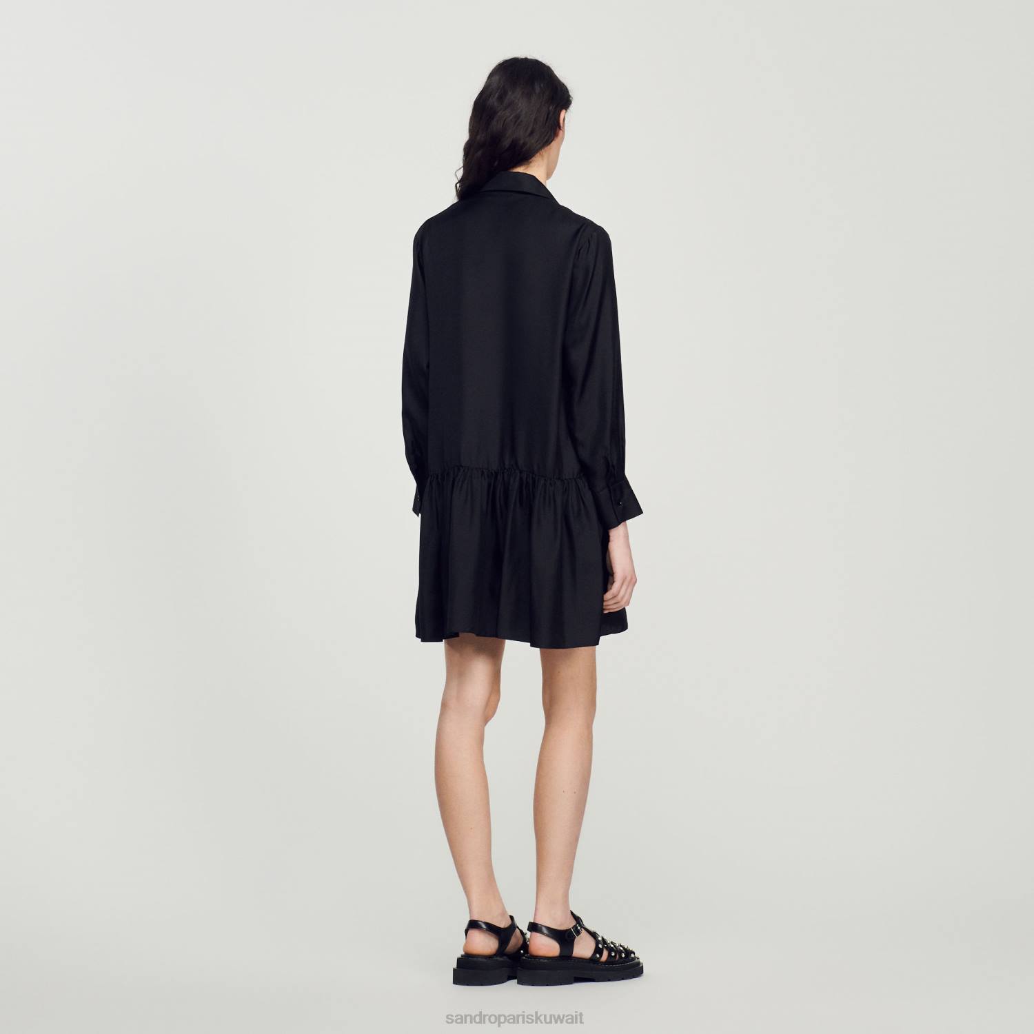 ثياب Sandro Paris فستان حرير قصير أسود نحيف ZJ00334