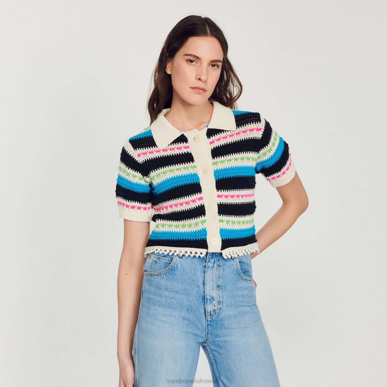 ثياب Sandro Paris سترة مخططة بيج فاتح نحيف ZJ00336