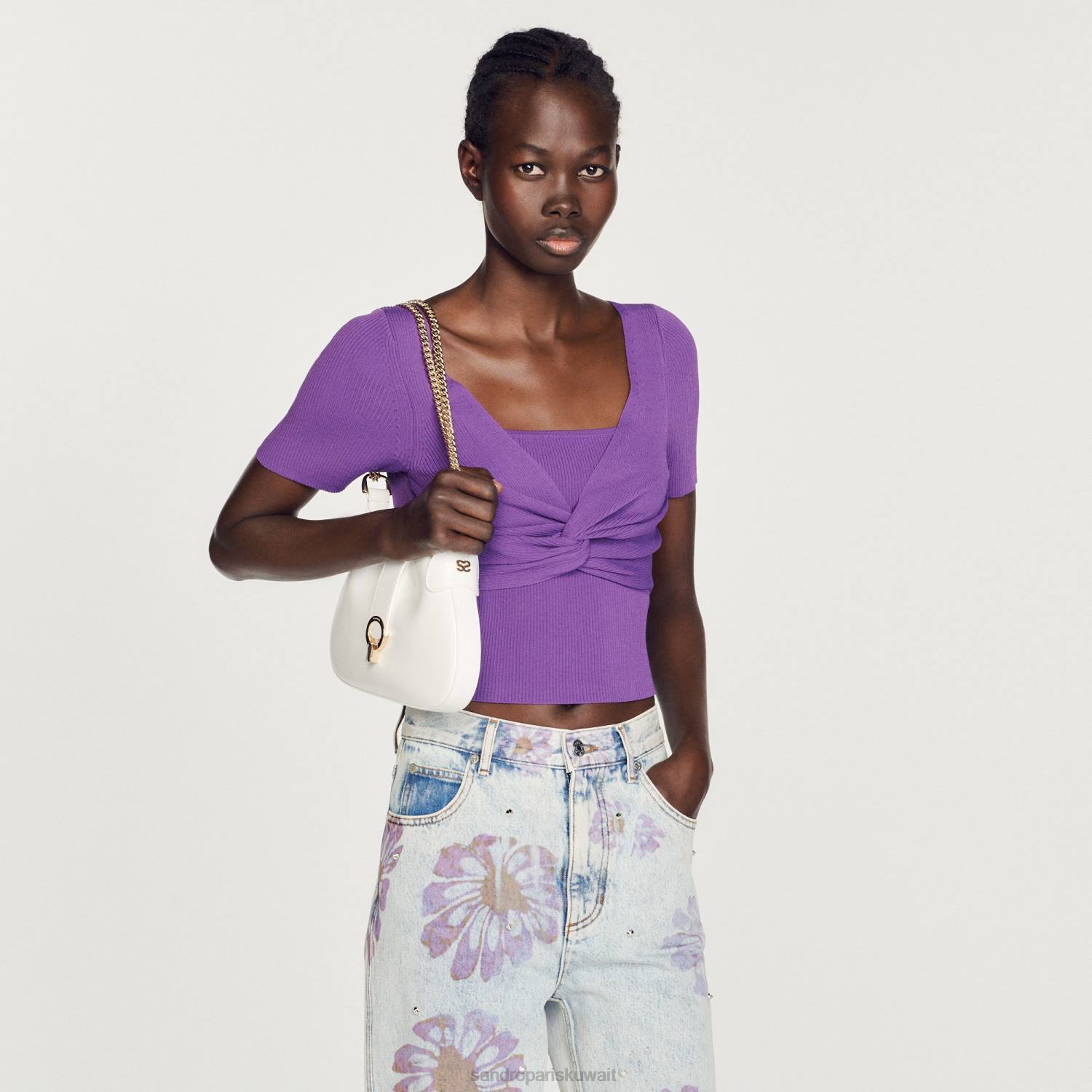 ثياب Sandro Paris سترة مقصوصة مربوطة أرجواني نحيف ZJ00340