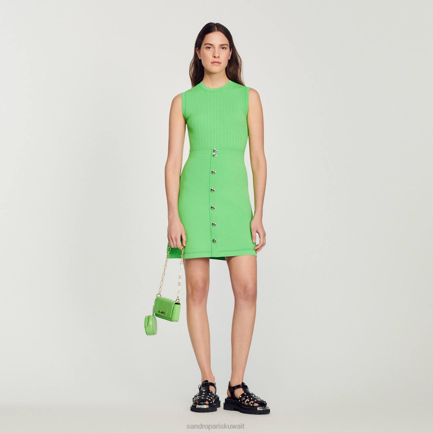 ثياب Sandro Paris فستان قصير مع أزرار أخضر نحيف ZJ00342