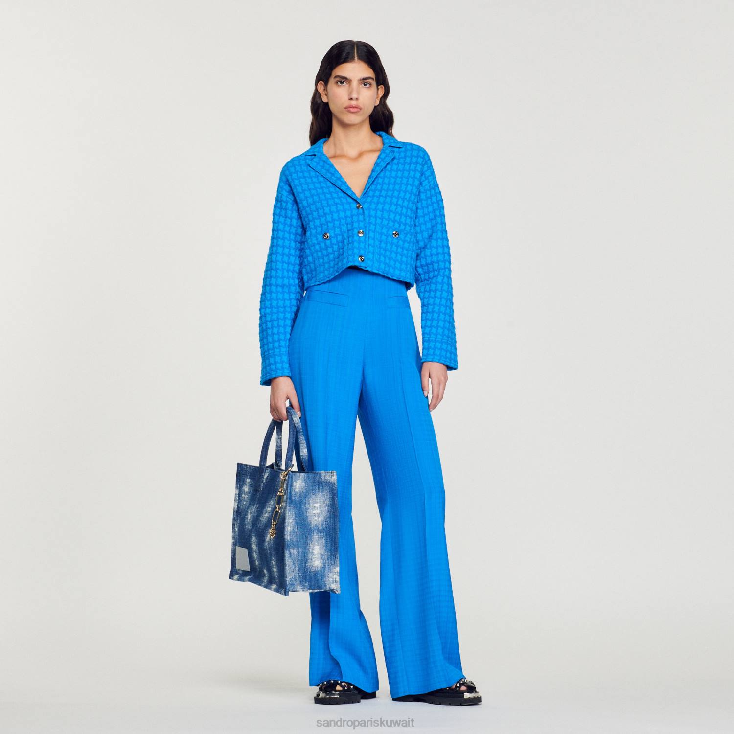 ثياب Sandro Paris معطف تويد قصير ازرقلكهرباءيهية نحيف ZJ00343