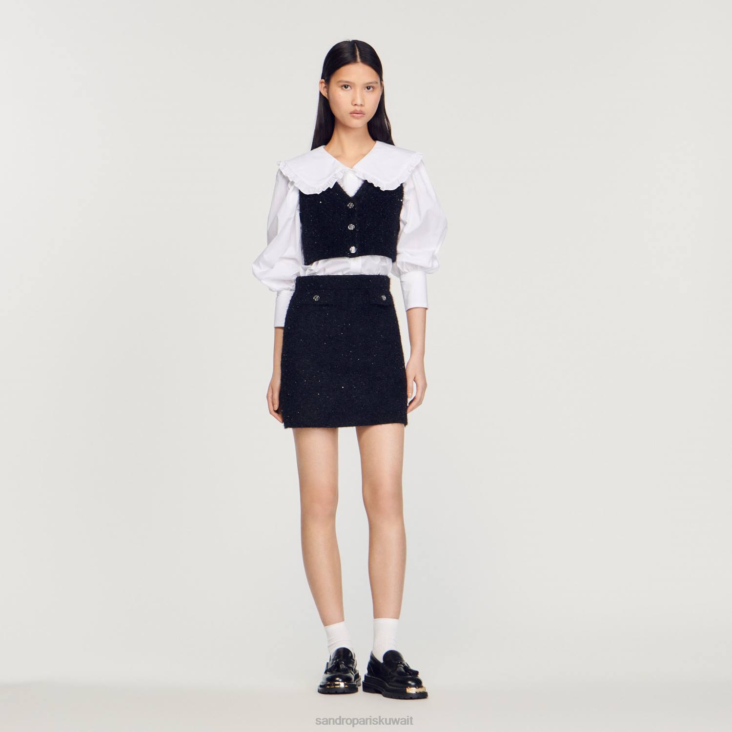 ثياب Sandro Paris أعلى المحاصيل التويد أسود نحيف ZJ00344