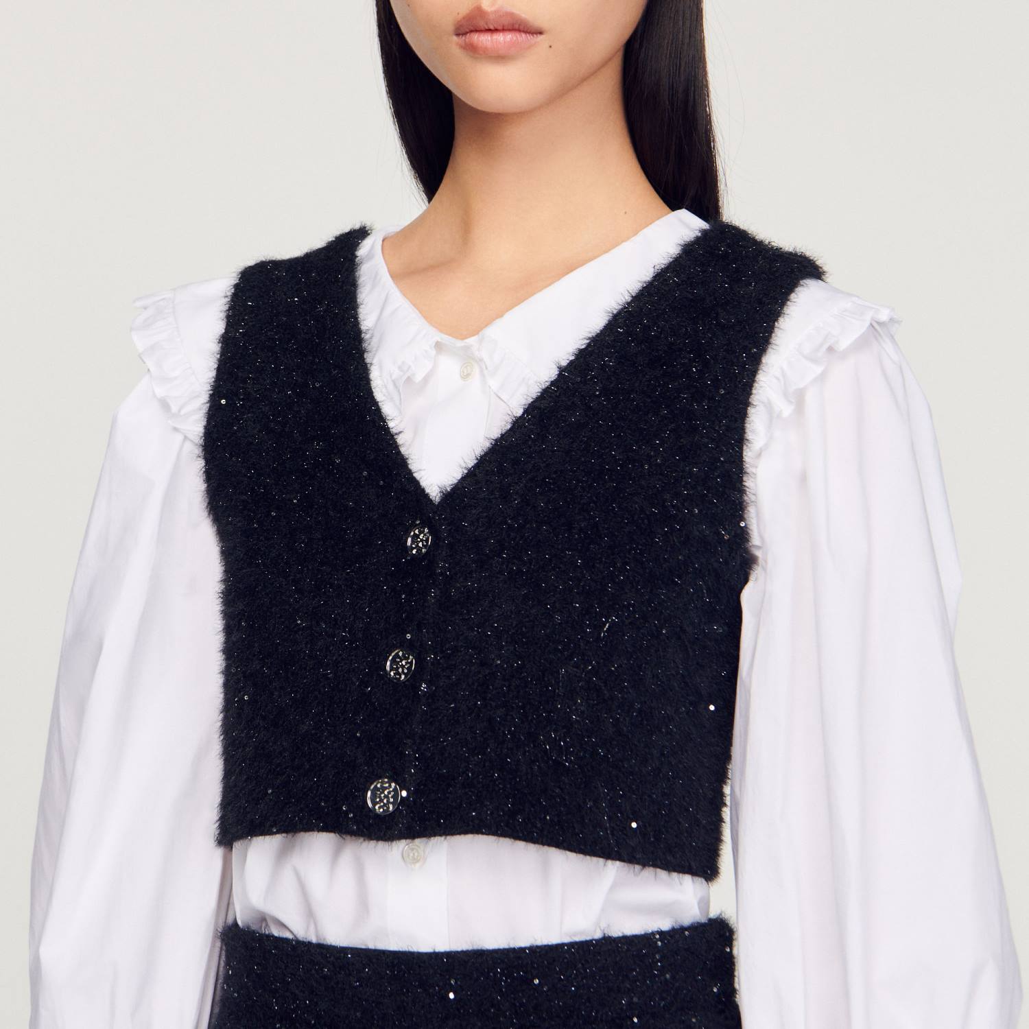 ثياب Sandro Paris أعلى المحاصيل التويد أسود نحيف ZJ00344