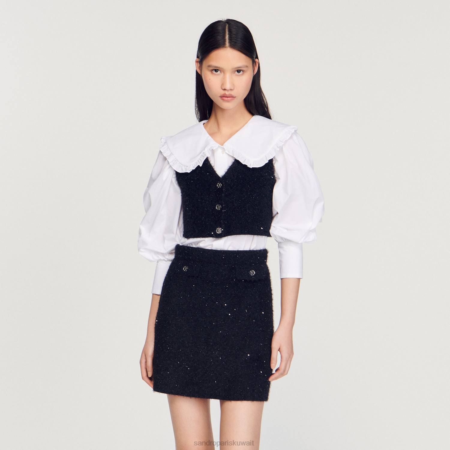 ثياب Sandro Paris أعلى المحاصيل التويد أسود نحيف ZJ00344