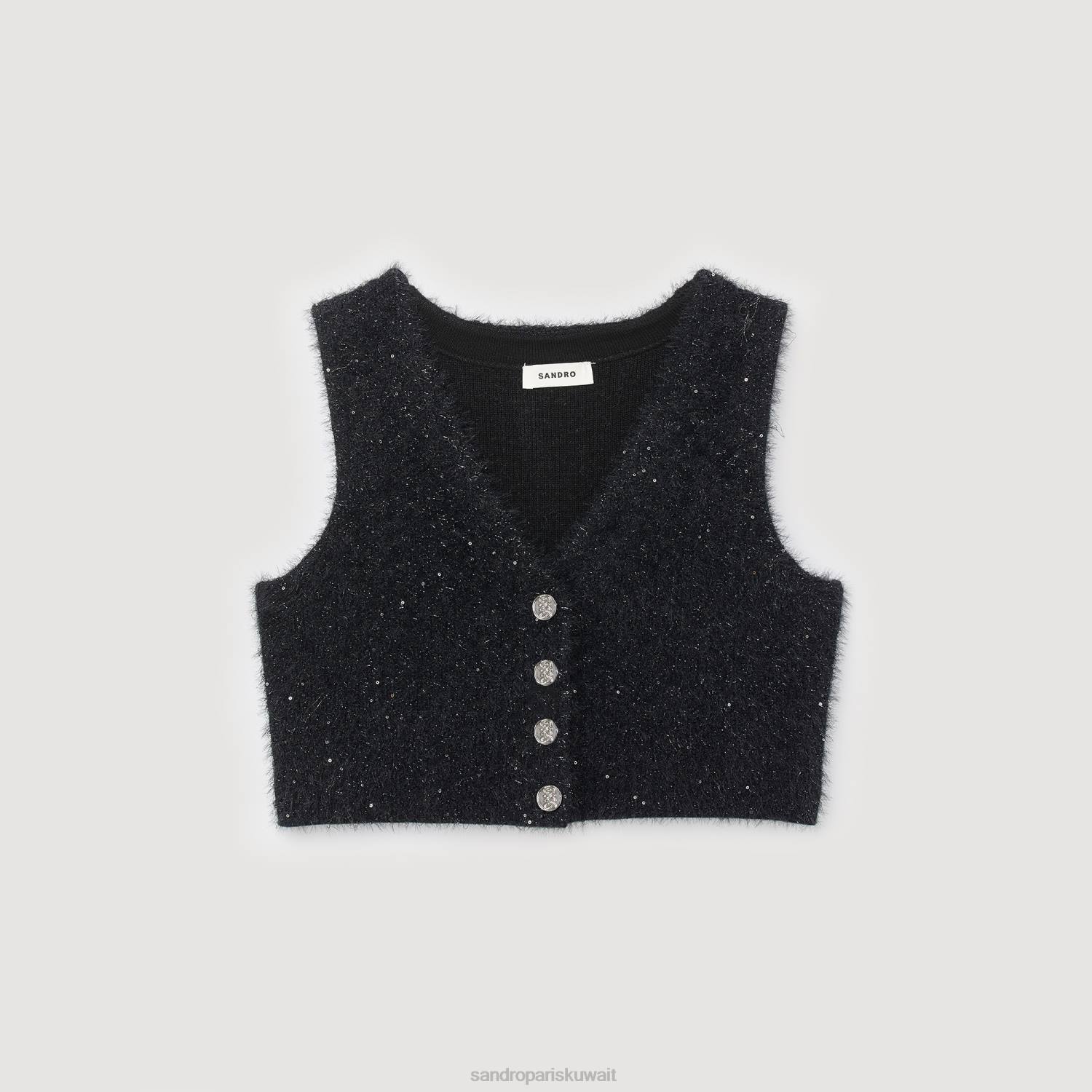 ثياب Sandro Paris أعلى المحاصيل التويد أسود نحيف ZJ00344