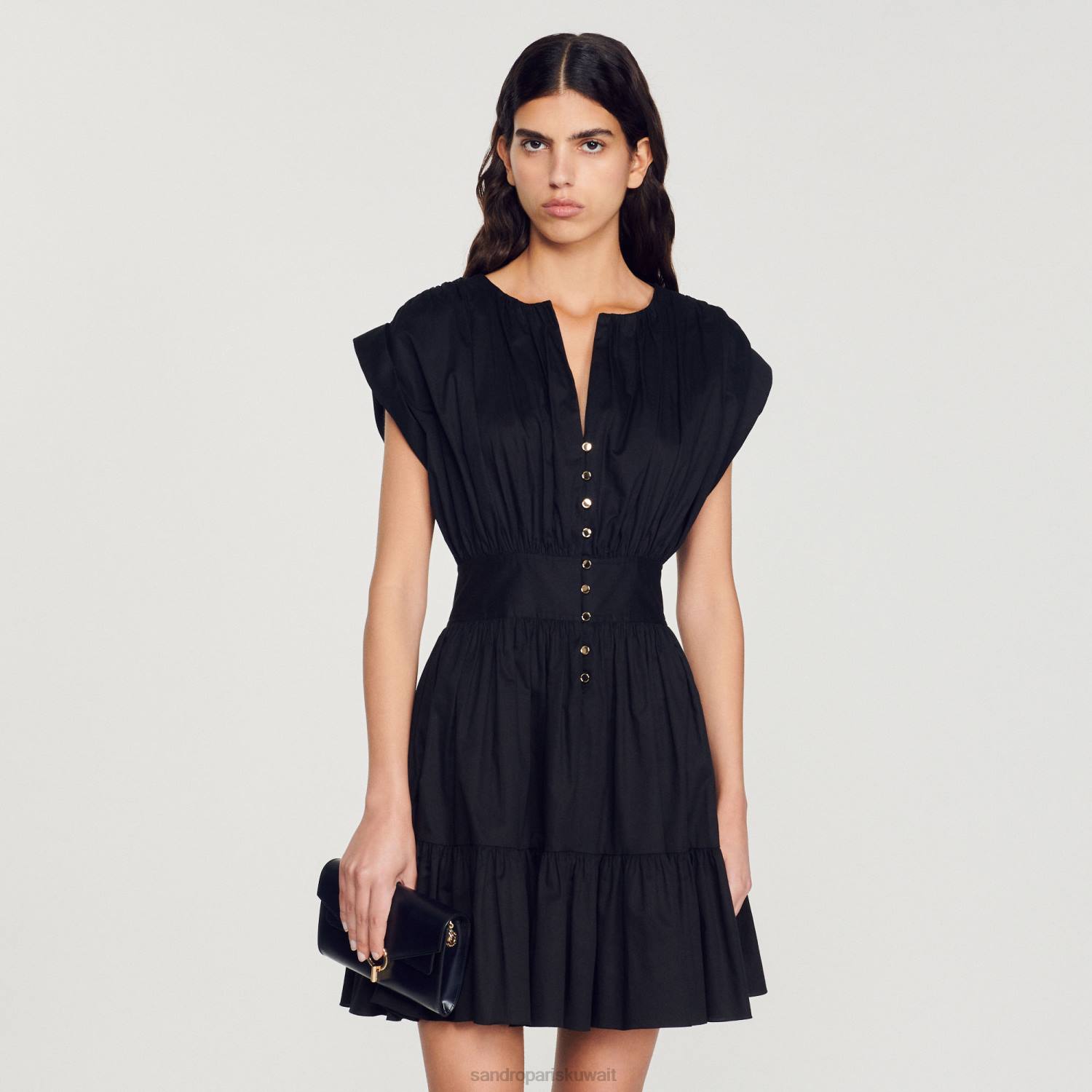 ثياب Sandro Paris فستان قصير مجمع أسود نحيف ZJ00347