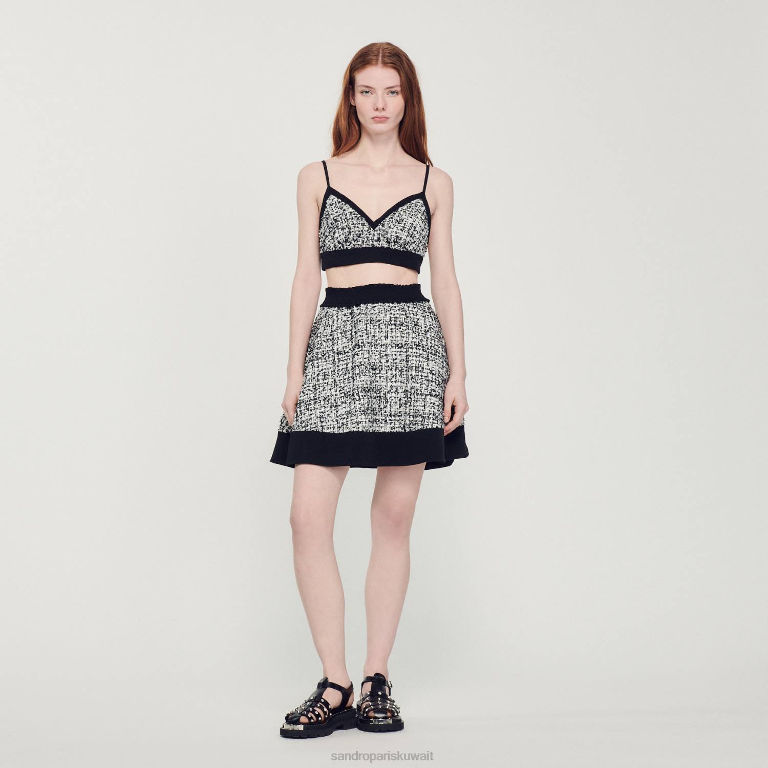 ثياب Sandro Paris تنورة متزلج تويد أسود نحيف ZJ00351