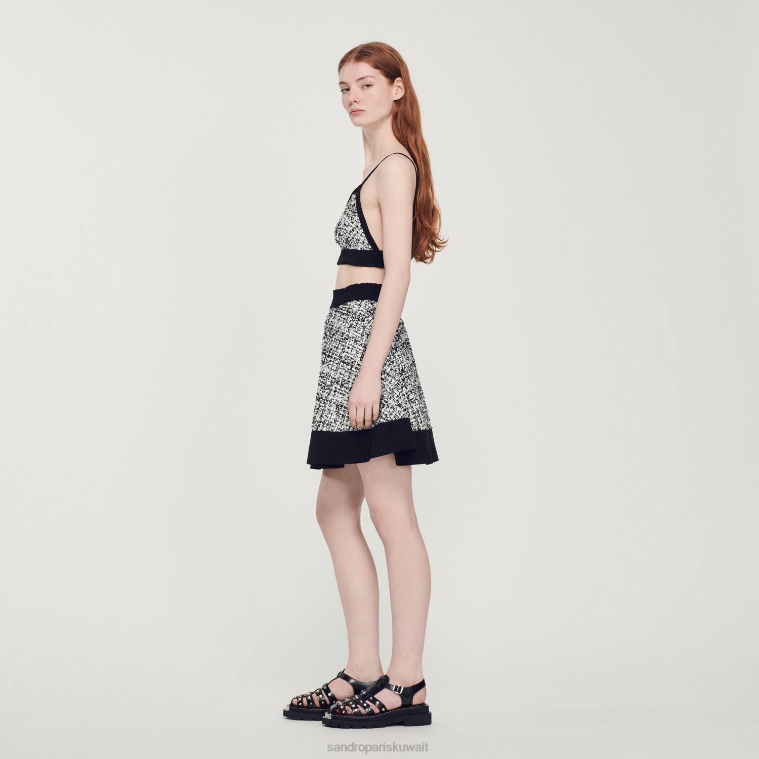 ثياب Sandro Paris تنورة متزلج تويد أسود نحيف ZJ00351