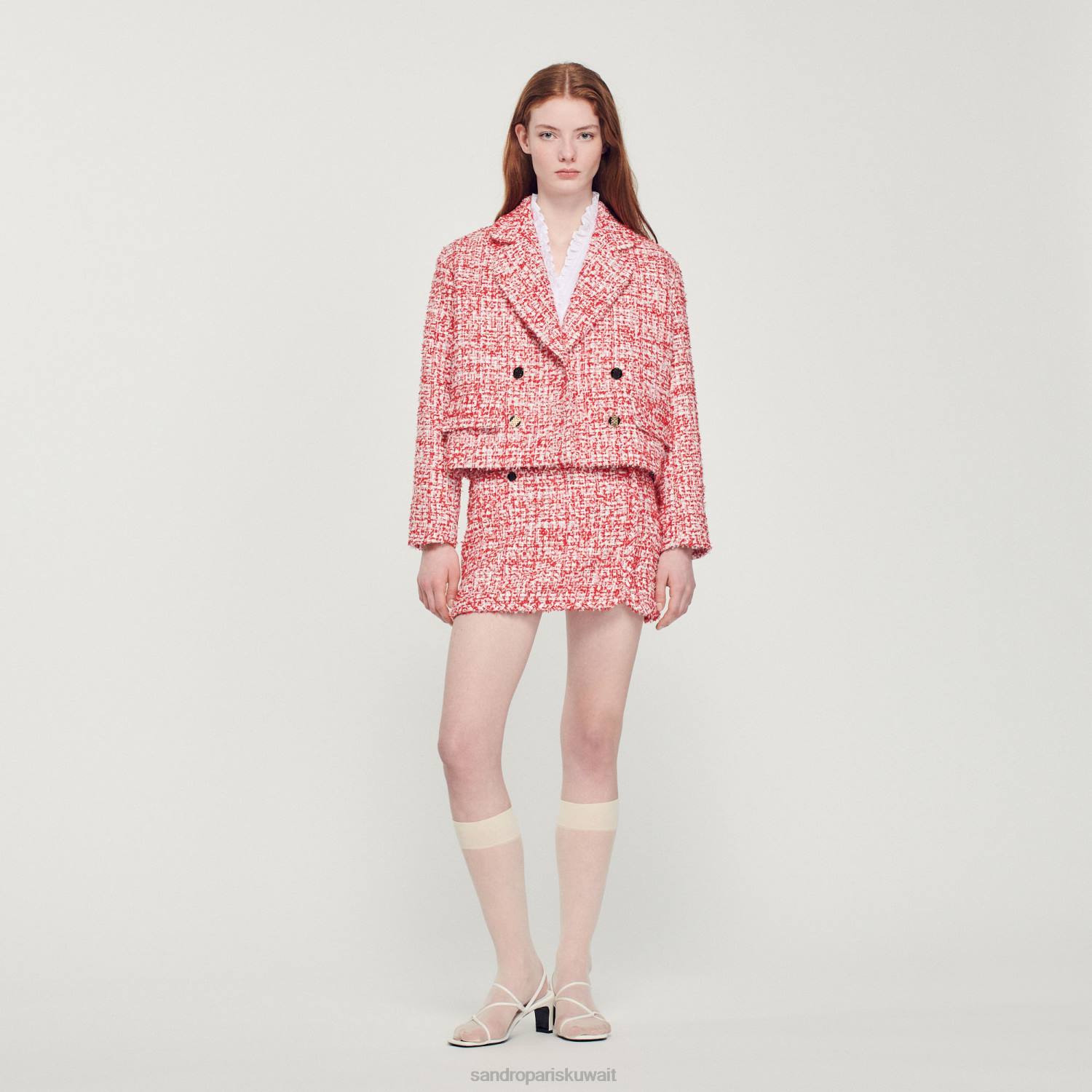 ثياب Sandro Paris سترة تويد قصيرة أحمر نحيف ZJ00358