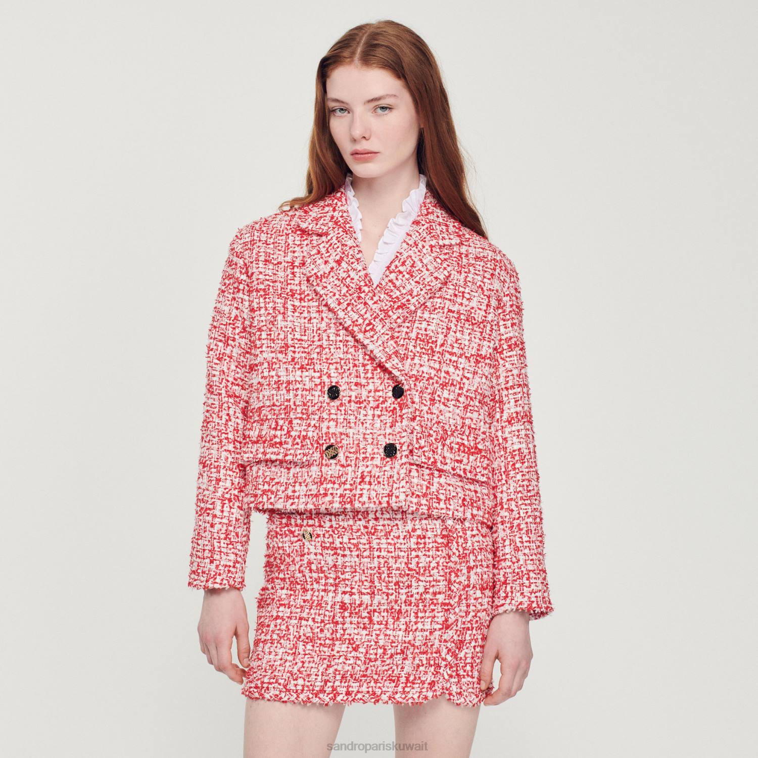 ثياب Sandro Paris سترة تويد قصيرة أحمر نحيف ZJ00358