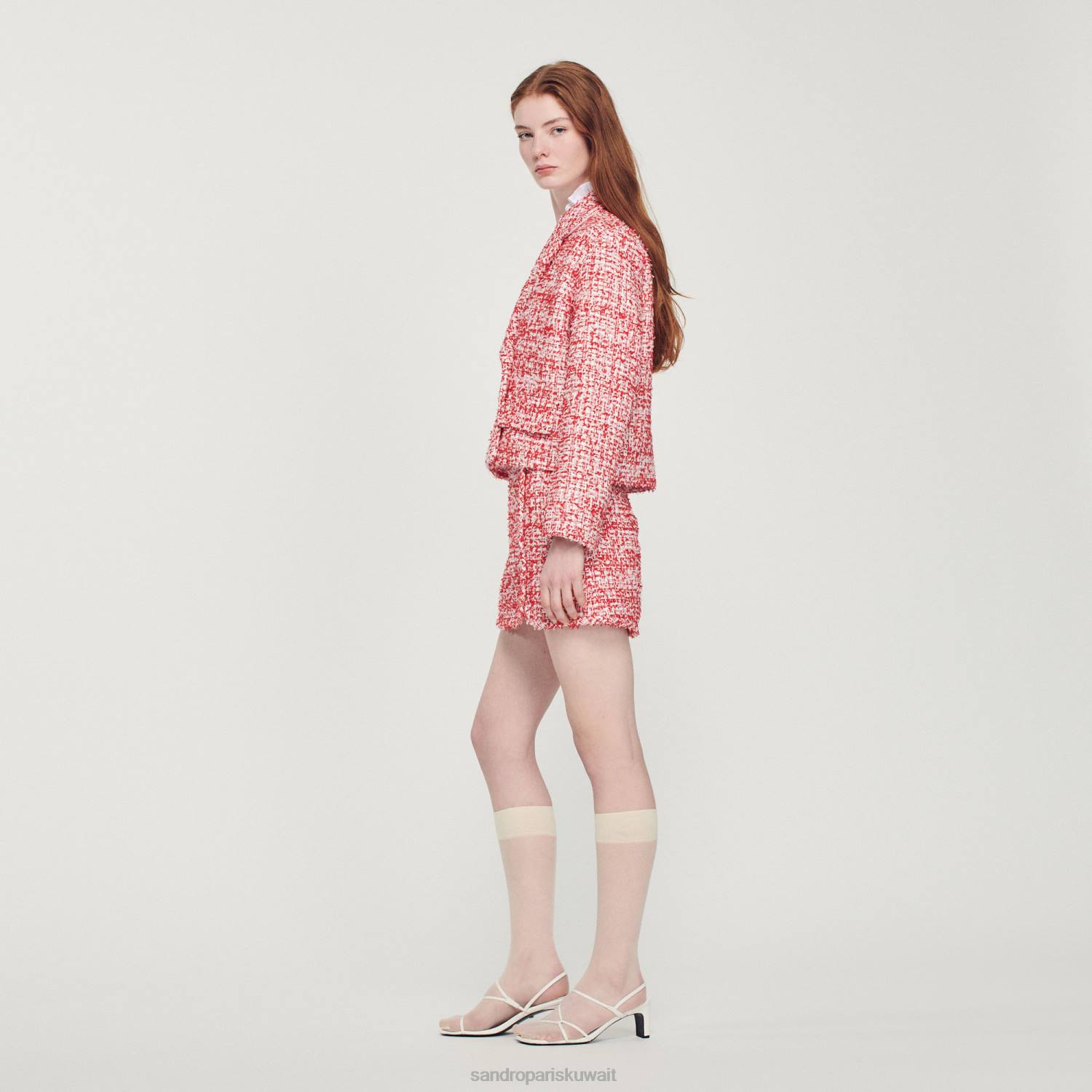 ثياب Sandro Paris سترة تويد قصيرة أحمر نحيف ZJ00358