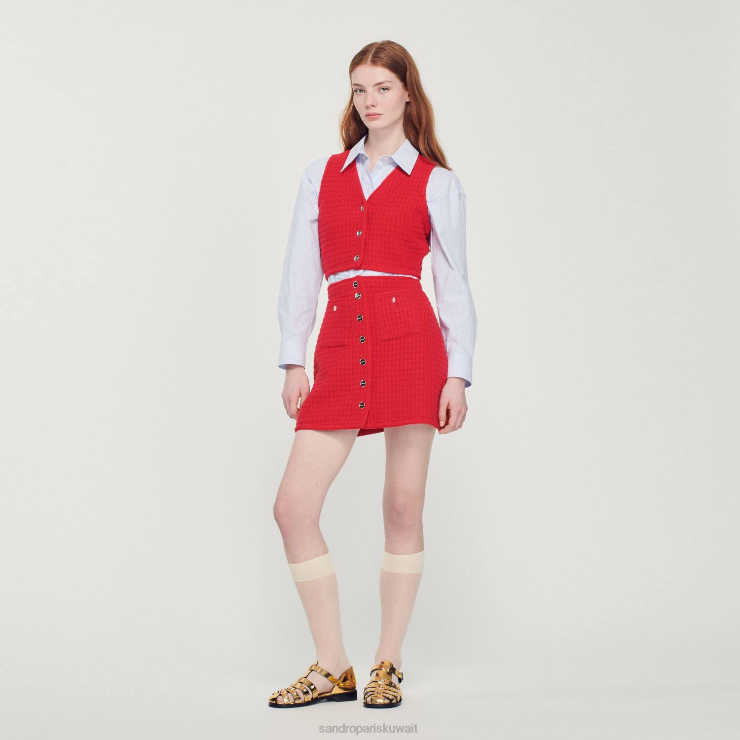 ثياب Sandro Paris سترة تويد اقتصاص أحمر نحيف ZJ00366