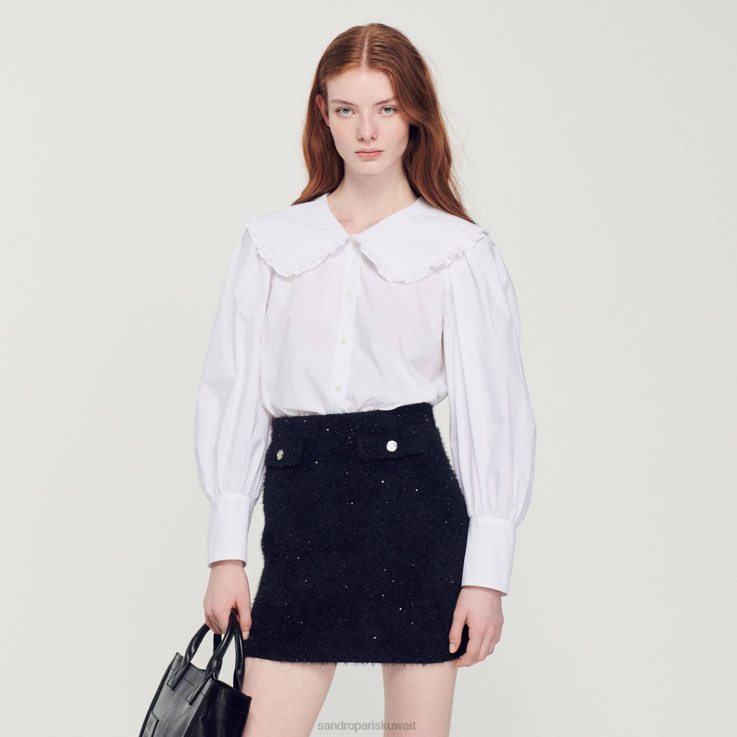 ثياب Sandro Paris قميص بوبلين بياقة بيتر بان أبيض نحيف ZJ00369