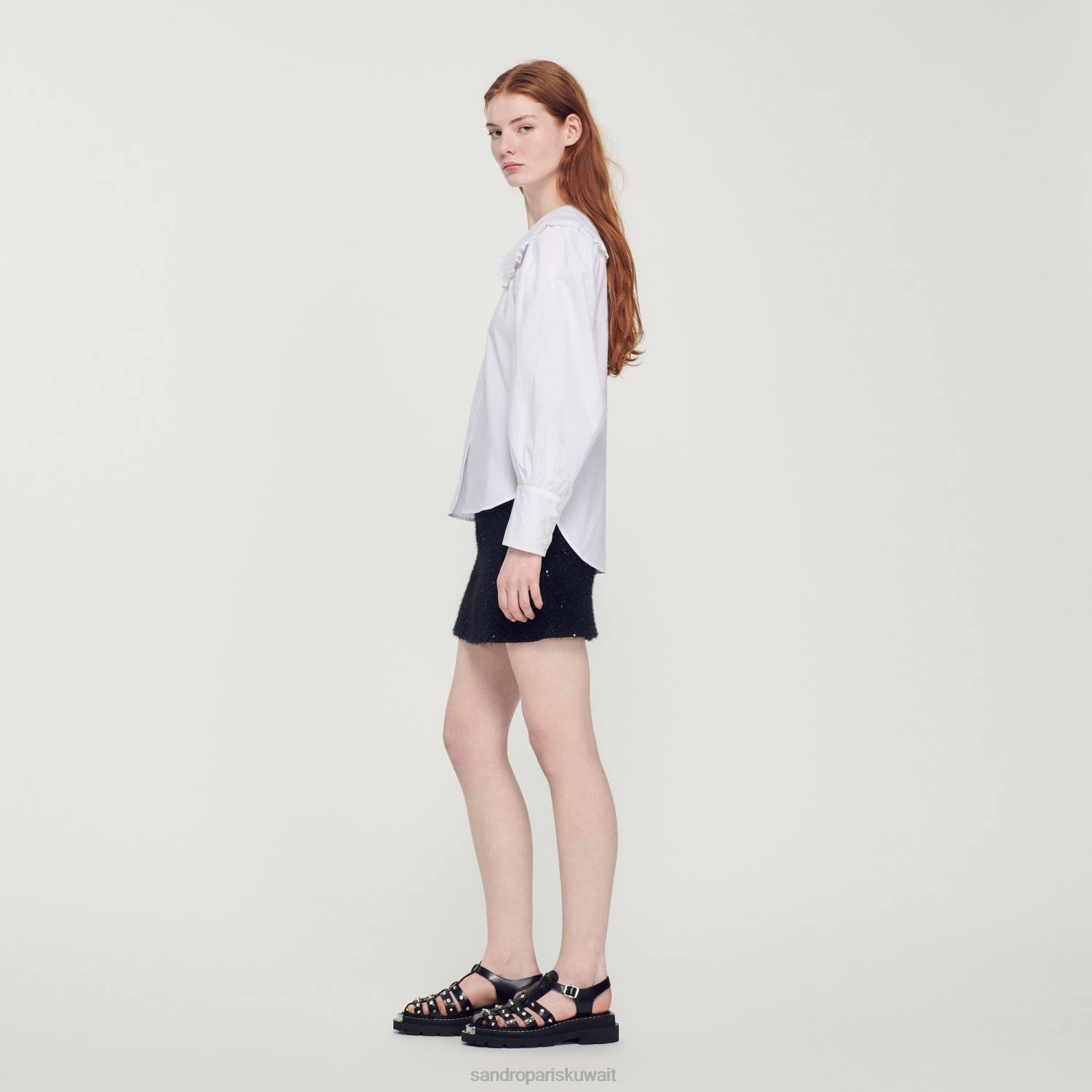 ثياب Sandro Paris قميص بوبلين بياقة بيتر بان أبيض نحيف ZJ00369