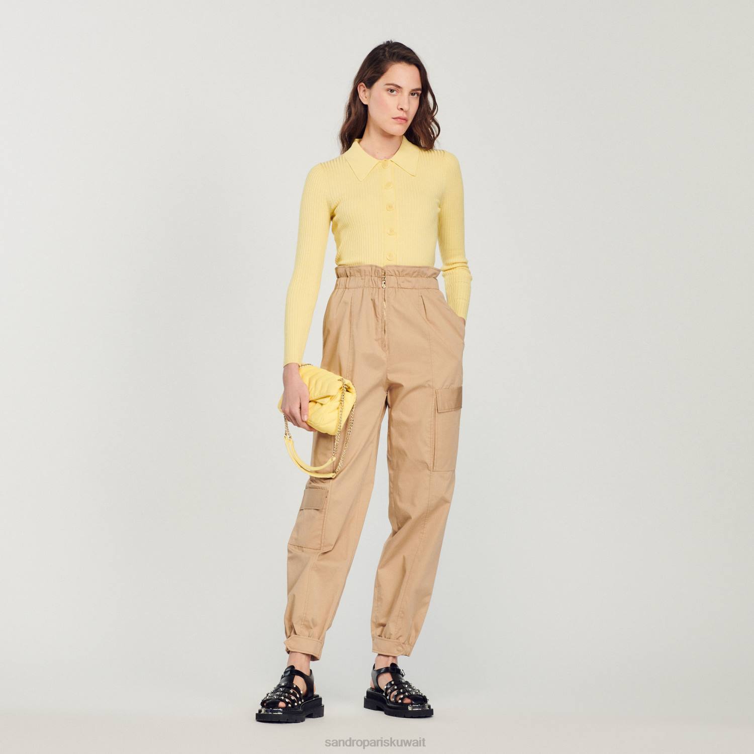 ثياب Sandro Paris سترة مضلعة اقتصاص أصفر نحيف ZJ00370