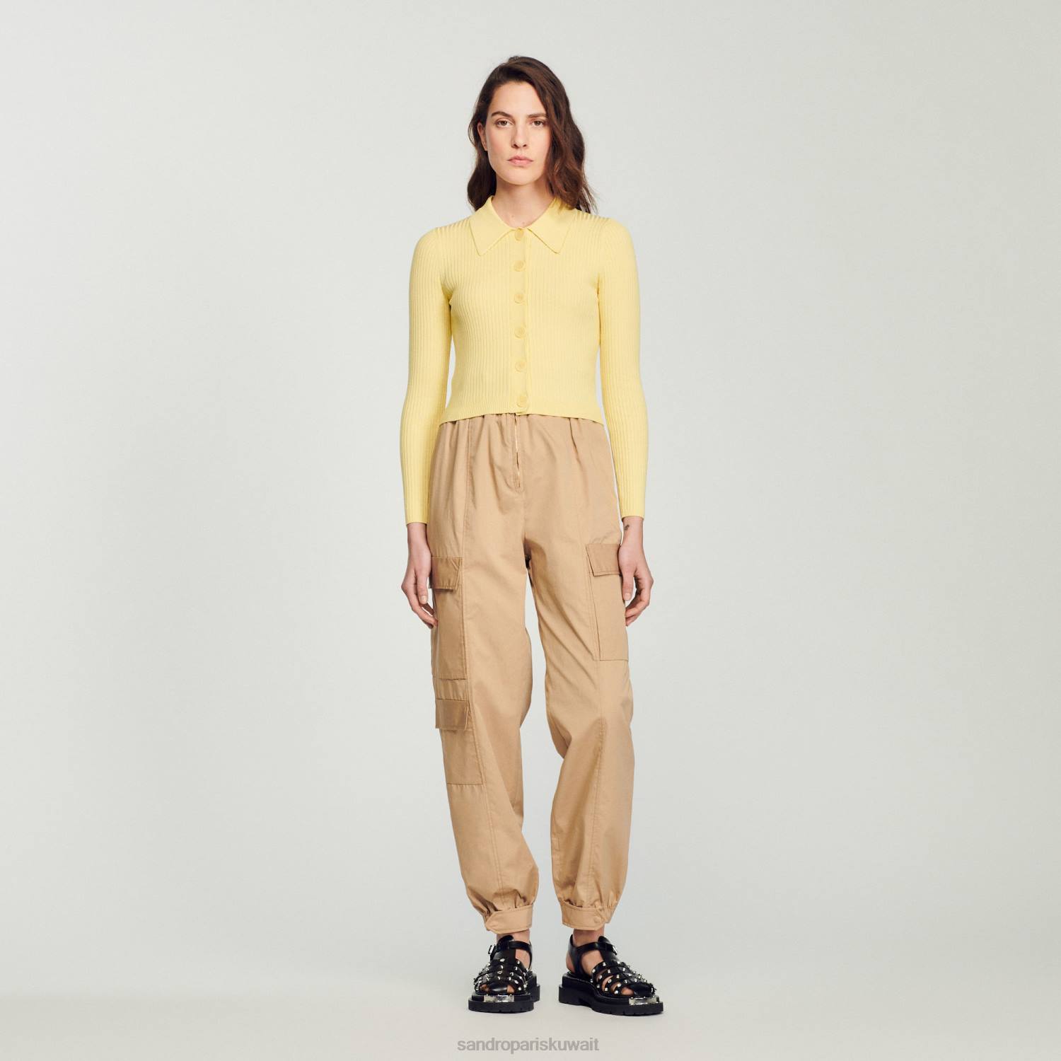 ثياب Sandro Paris سترة مضلعة اقتصاص أصفر نحيف ZJ00370