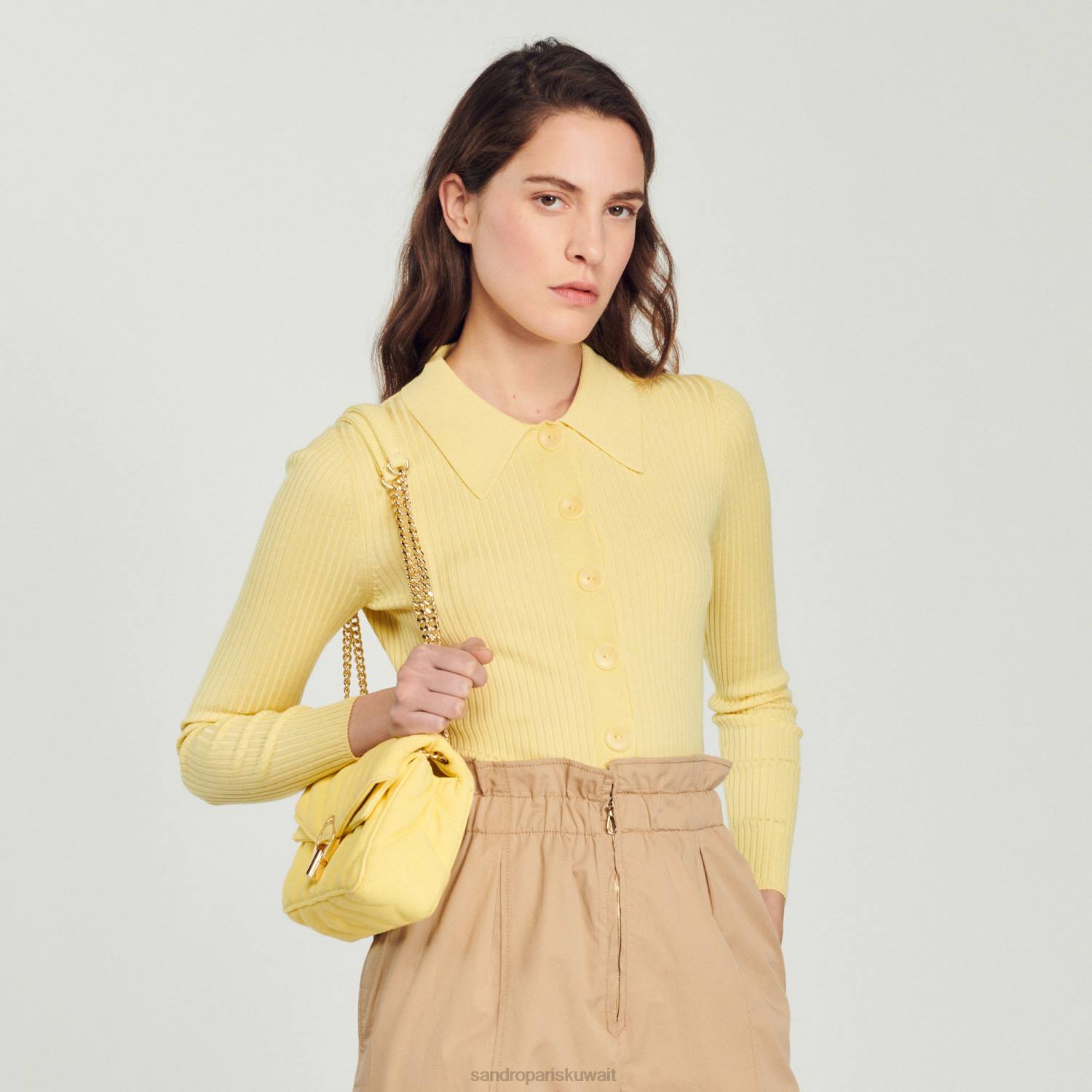 ثياب Sandro Paris سترة مضلعة اقتصاص أصفر نحيف ZJ00370