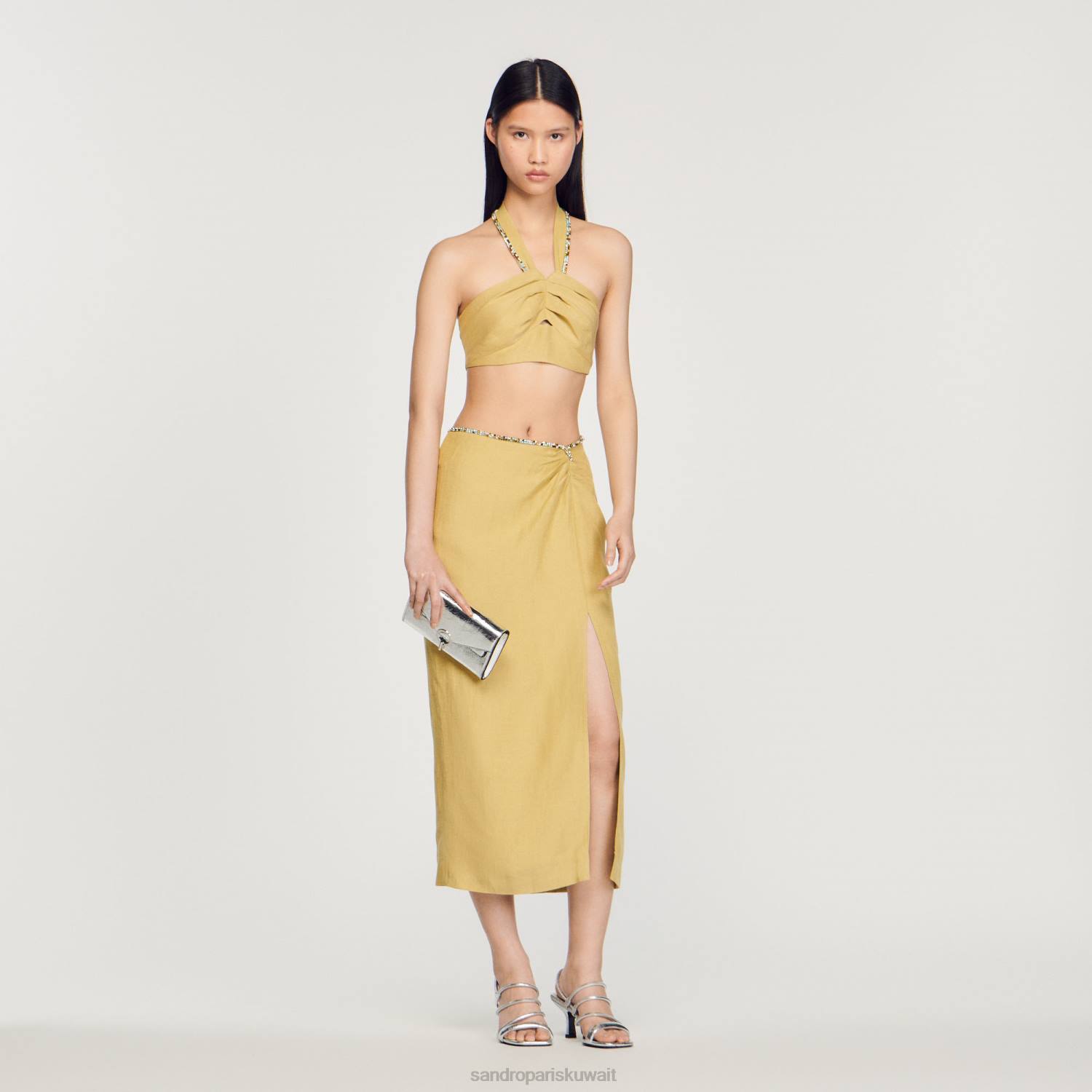 ثياب Sandro Paris تنورة مع شق وأحجار الراين ليمون اخضر نحيف ZJ00373