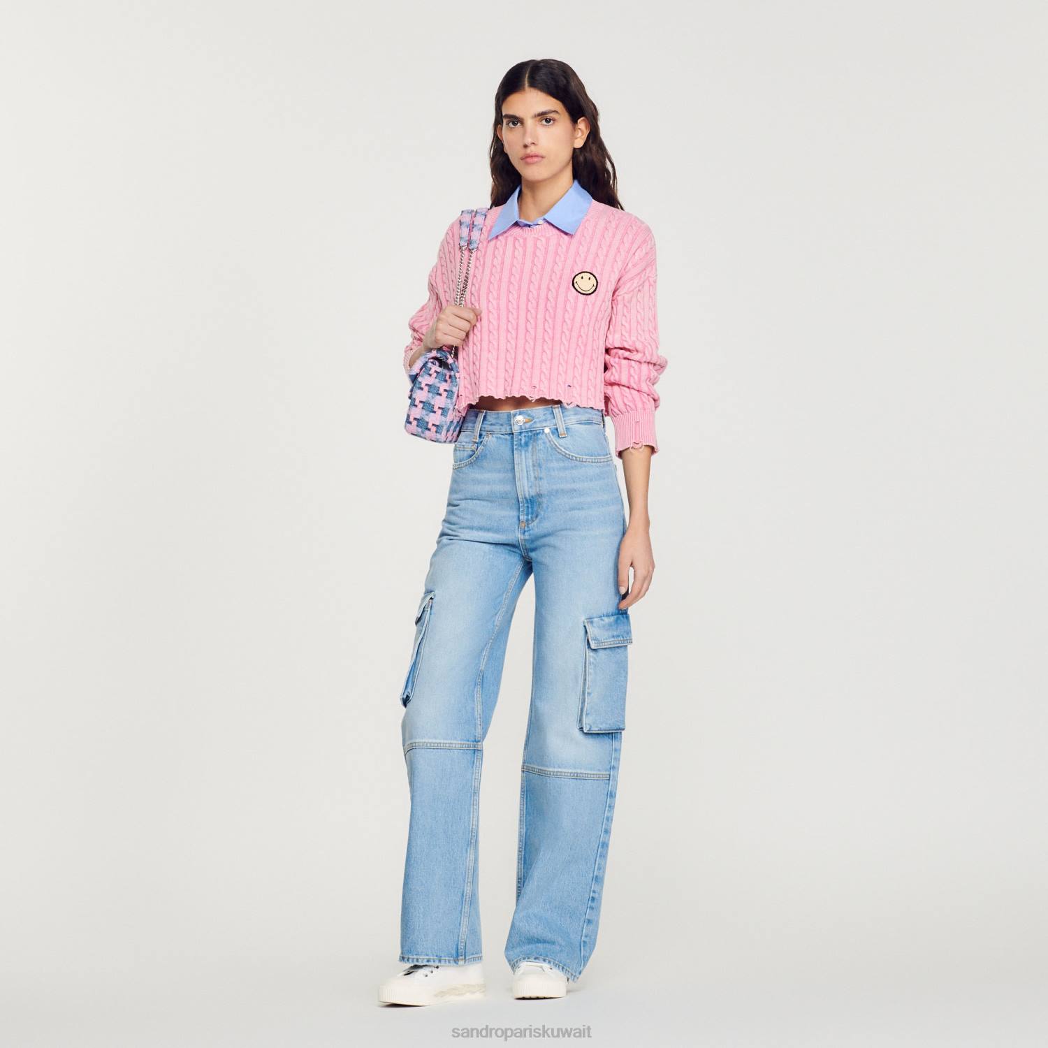 ثياب Sandro Paris سترة مبتسمة اقتصاص لون القرنفل نحيف ZJ00389