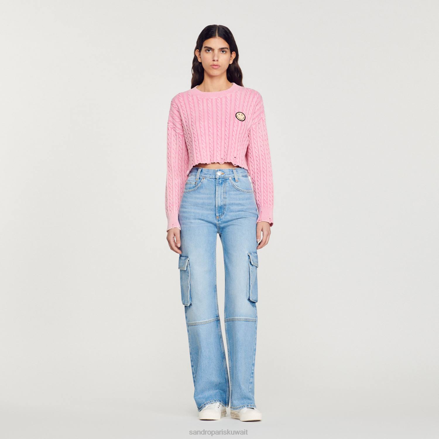 ثياب Sandro Paris سترة مبتسمة اقتصاص لون القرنفل نحيف ZJ00389